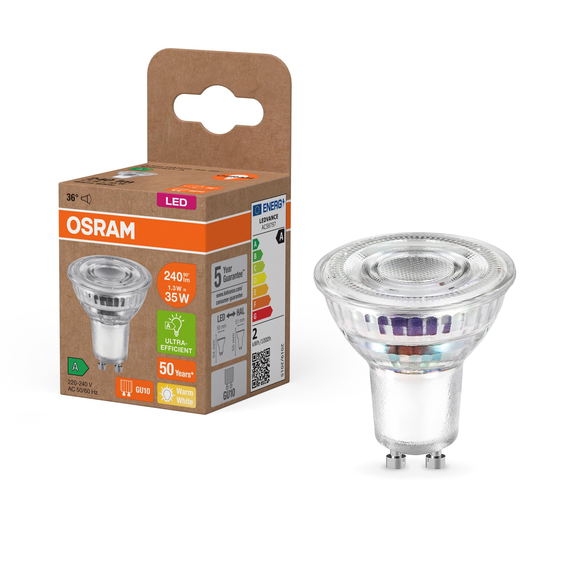 Osram Energy Class LED-Reflektor-Lampe PAR16 mit 1.3 W, 240 lm, warmweiß (2700 K) aus klarem bleifreiem Glas mit GU10 Sockel in der Energieeffizienzklasse A, 50 mm Durchmesser, IP20.