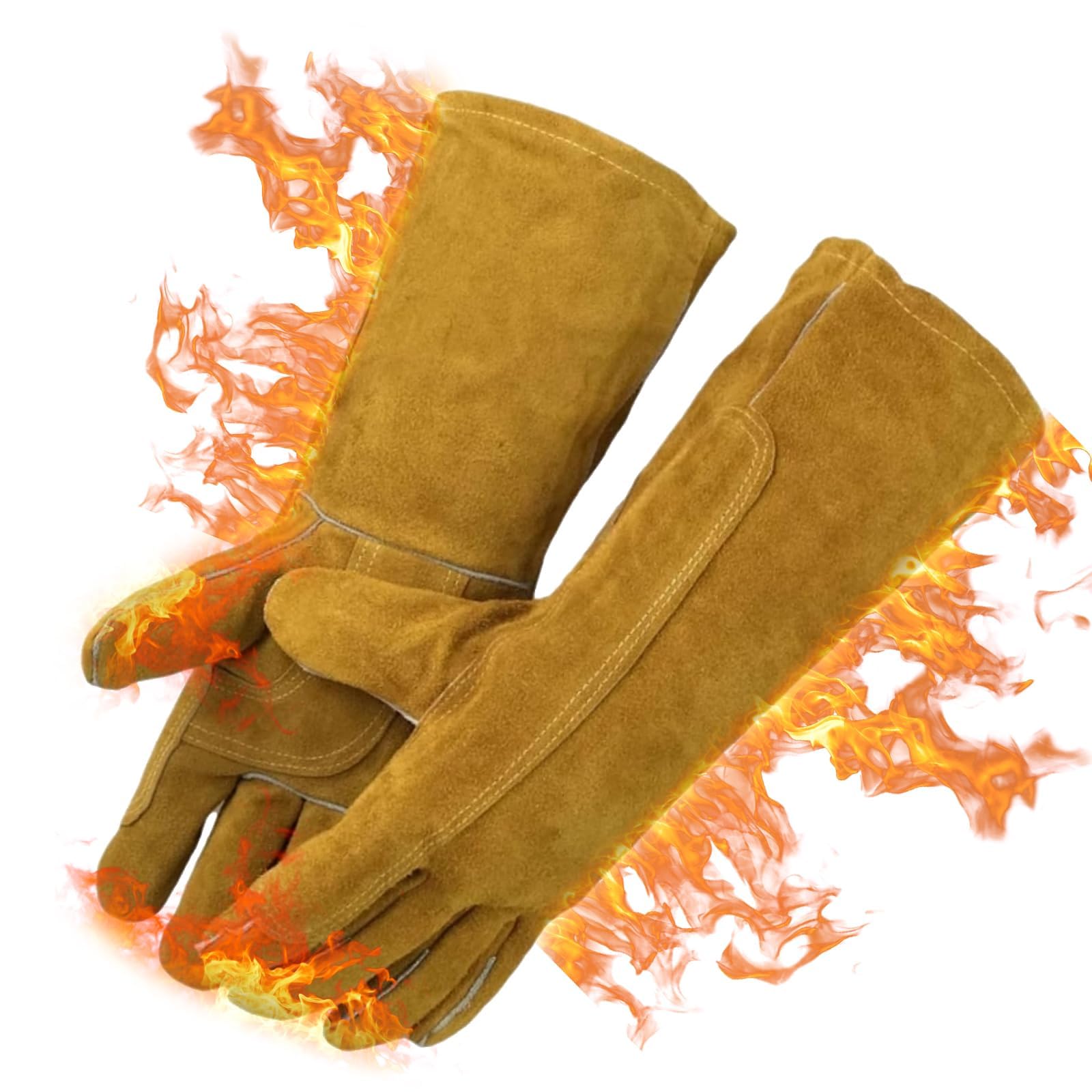 Guantes para chimenea, resistentes al fuego, para barbacoa, para hombre, de piel y soldador, resistentes al calor (marrón),GS00078