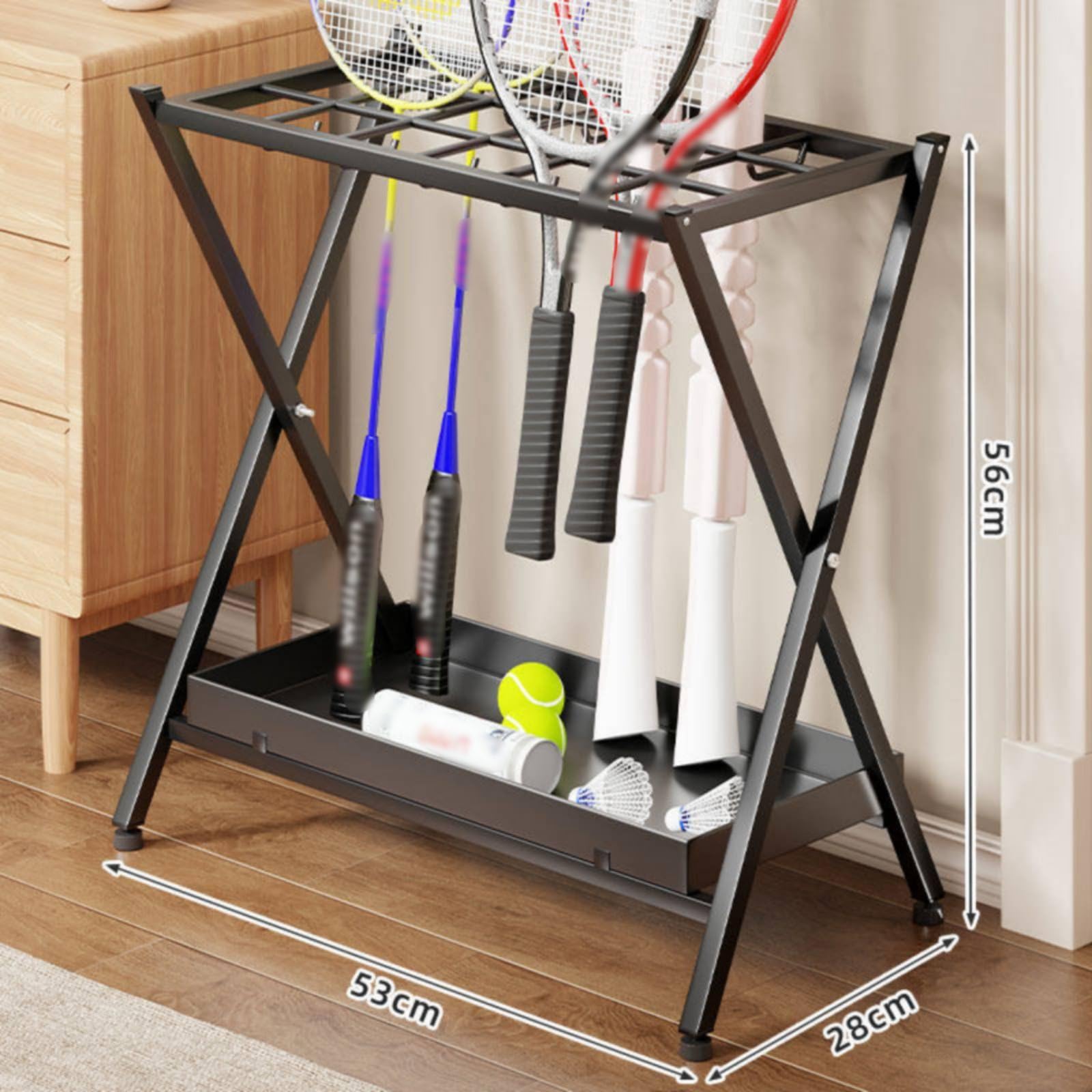 Soporte Plegable Organizador de Estante para Raquetas Portacosas con Bandeja Inferior Diseño Ahorra Espacio Hierro y Plástico Adecuado para Entrada Estudios Balcón Aficionados, Blanco