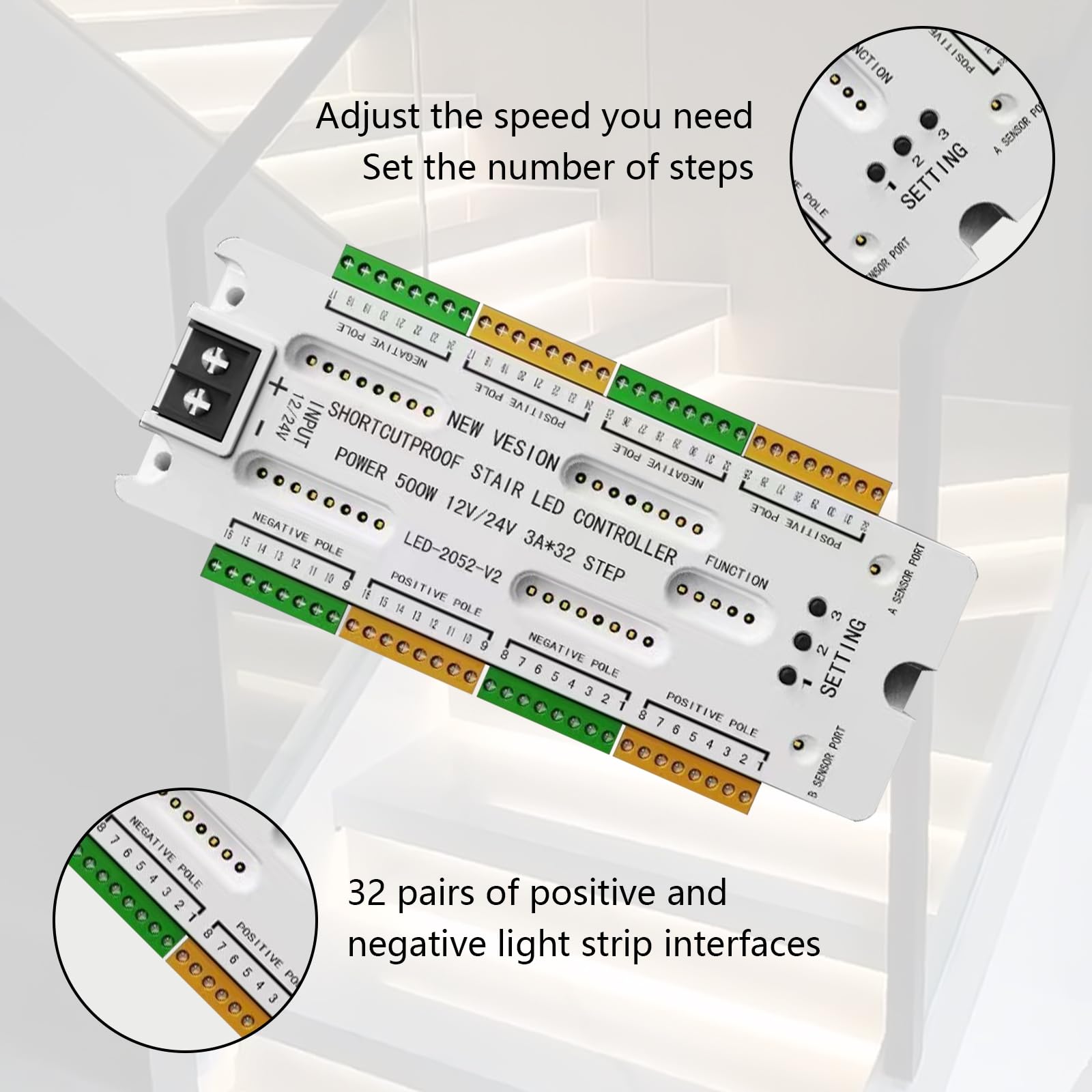 Controller Luci Scale a LED, Sensore di Movimento Controllo Automatico Luci Scale a LED, Protezione da Cortocircuito, 32 Livelli, Luminosità Regolabile per Illuminazione Interna Sotto le Scales