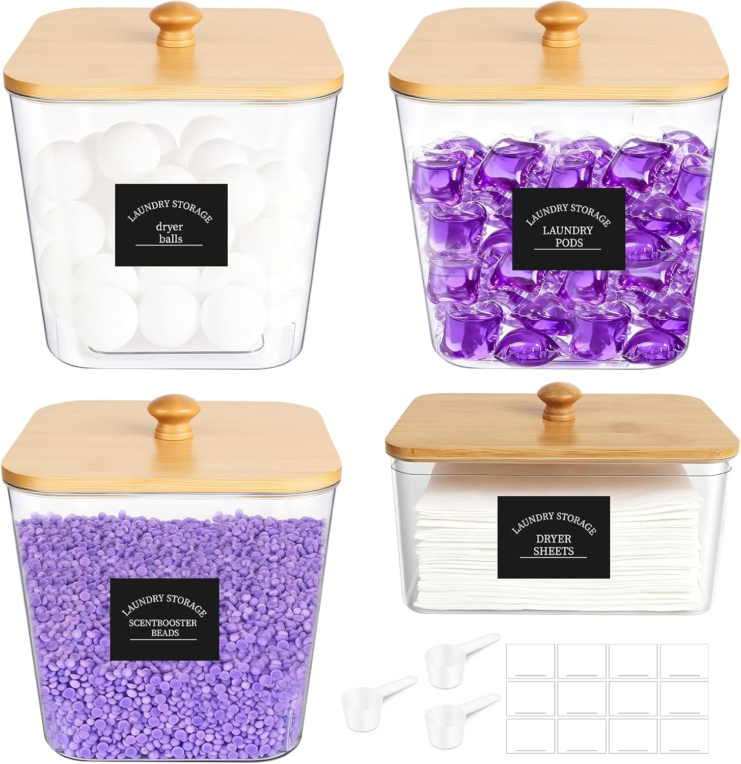 Laundry Pods Container & Dryer Sheet Holder, 4Pack Laundry Room Organization and Storage, Laundry Detergent Power Container with Bamboo Lids, 24 Labels, Scoop