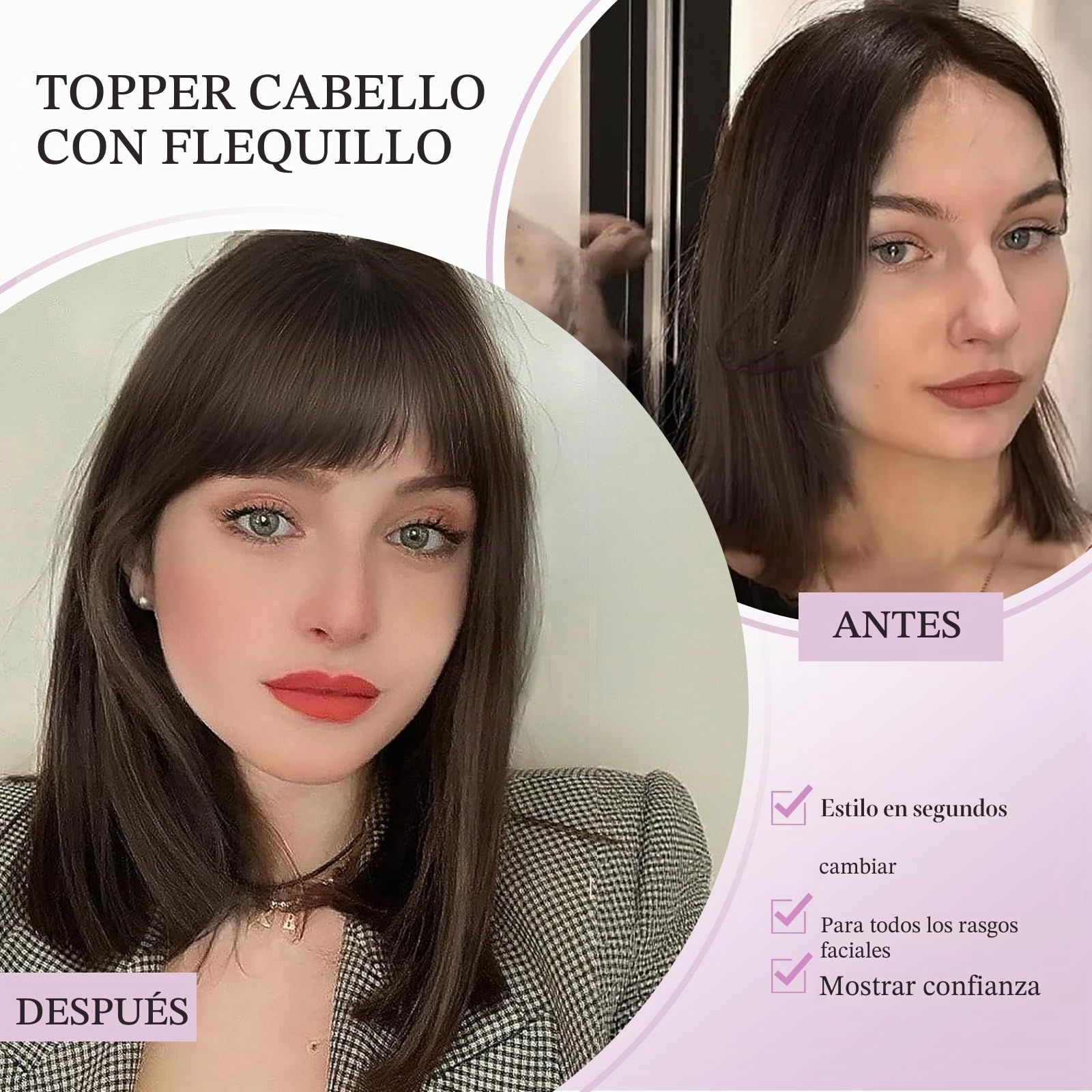 Toppers para el cabello para mujer, de cabello humano real con flequillo, cosido a mano, cobertura 360° 3D, natural para adelgazar el cabello, piezas de pelo para mujeres (marrón medio a rubio helado)
