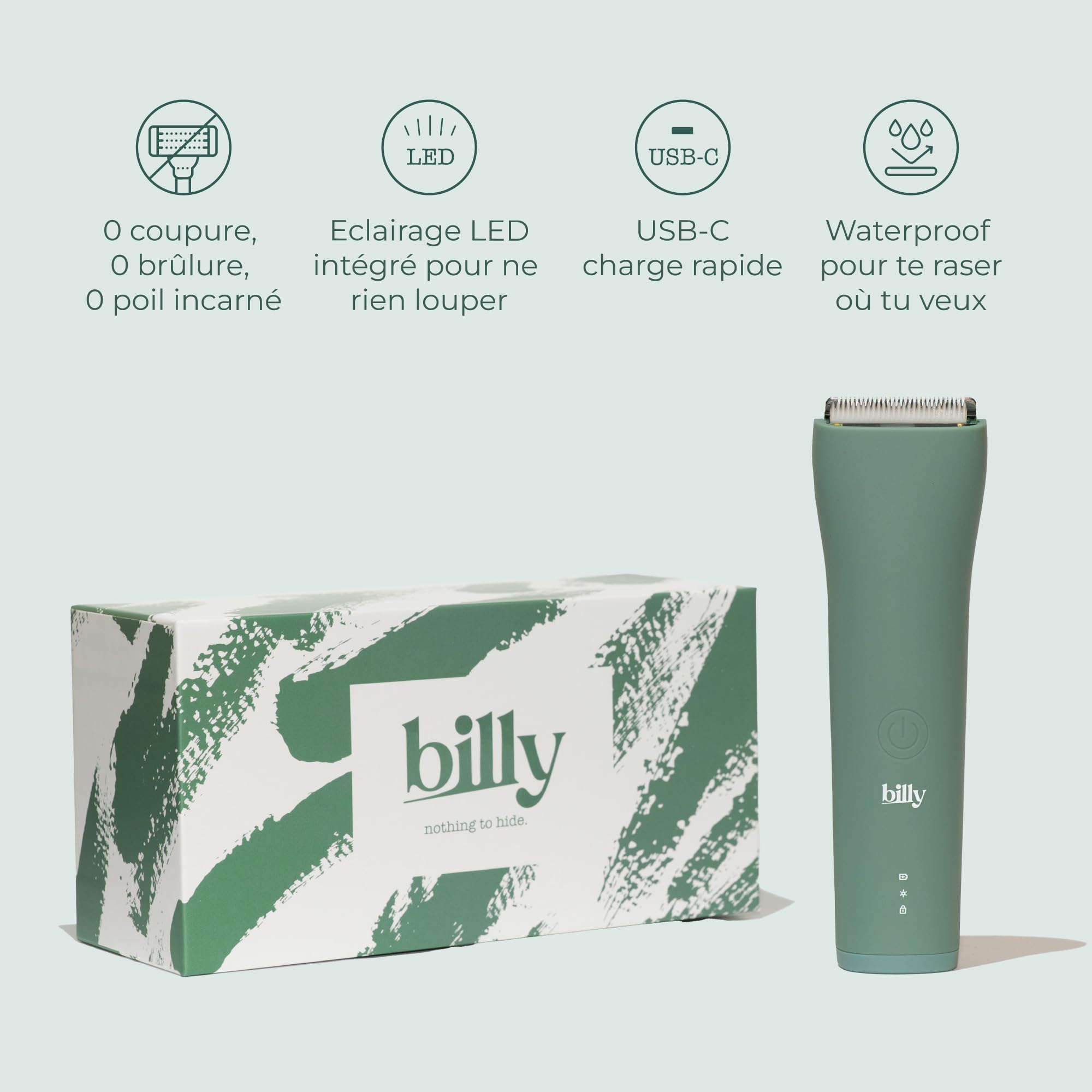 billy - LA tondeuse Intime Anti-Coupure Zones Sensibles et Intimes Homme/Femme - Lame Céramique Anti Coupure - Waterproof - 5 Hauteurs (0,3,6,9,12mm) - LED Intégrée - USB-C - Poils pubiens (Vert)