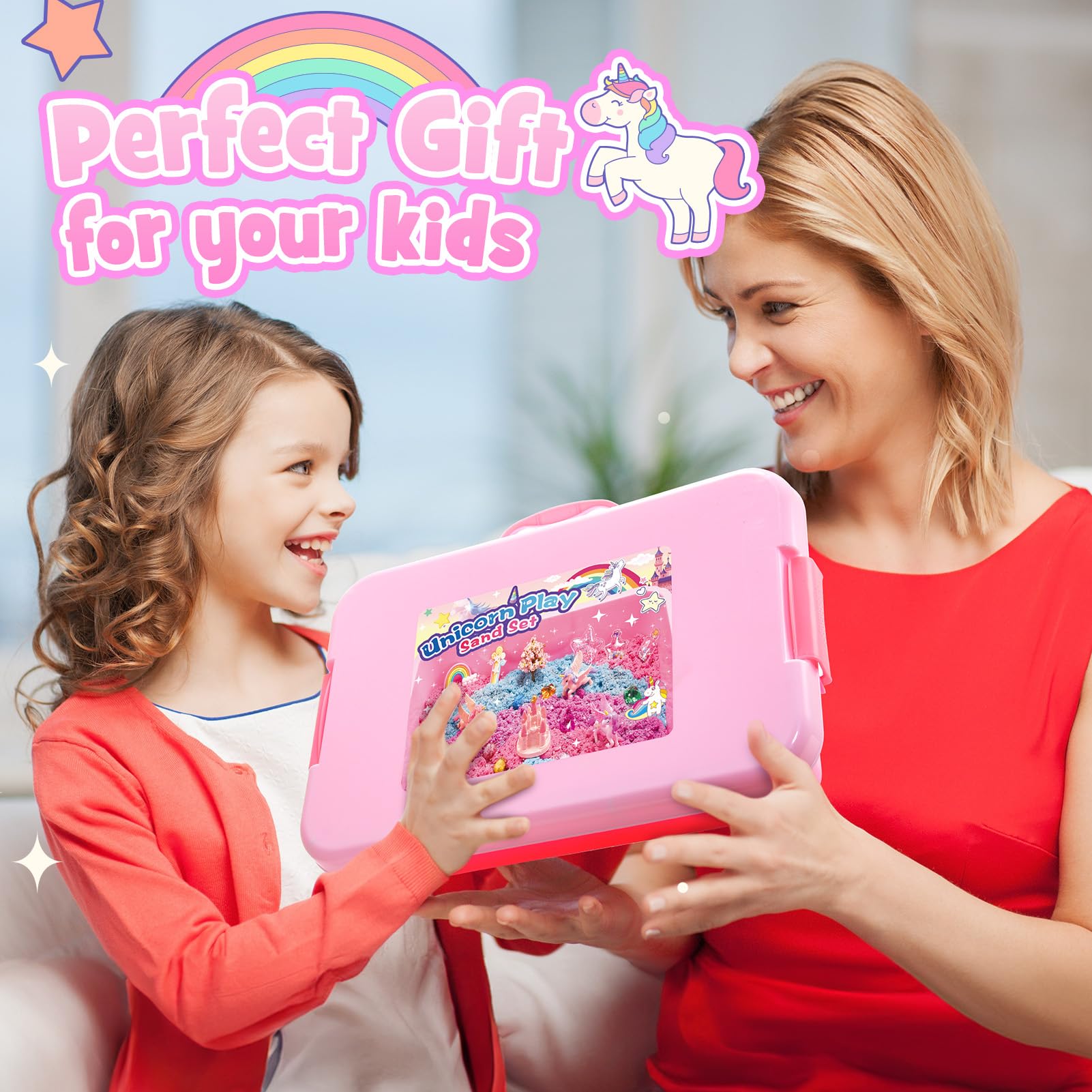 Geebiiny Magic Play Sand Set, Einhorn Geschenke & Spielzeug für Mädchen 3-10 Jahre alt - 3 Farben 900g Einhorn Spielsand - All in One Sand Spielset No Mess - Geschenke für Mädchen