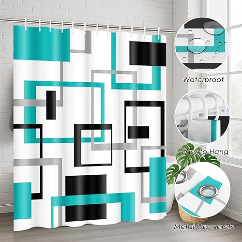 Miniatura 6 de ArtSocket Juego de baño geométrico turquesa y gris con cortina de ducha, accesorios para alfombras de ducha, cortina de ducha moderna turquesa negra