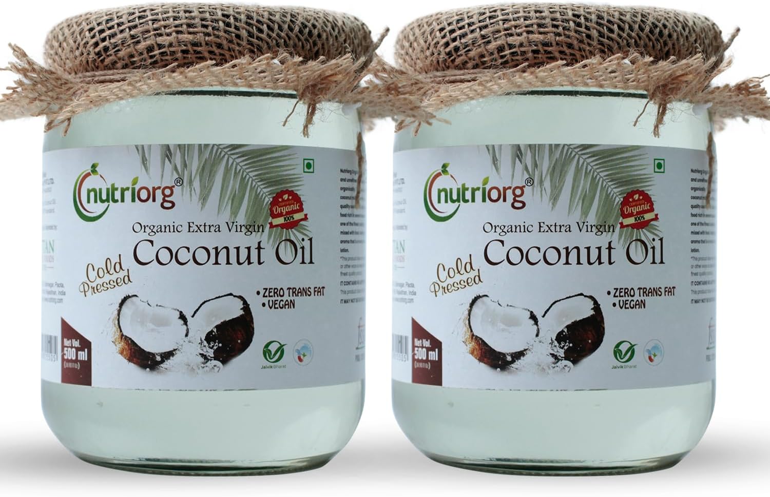 NutriOrg Extra Virgin Coconut Oil 1000mL (Pack of 2)| Cold Pressed, 100% Organic & Pure | Right for Cooking, Massage and oil pulling | Multipurpose use for skin and hair