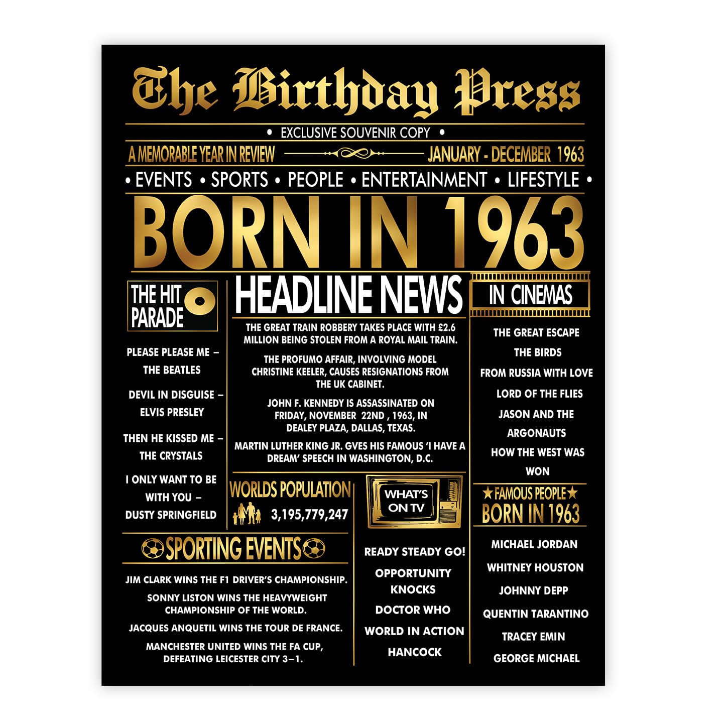 Stuff4 Gold 63rd Birthday Poster Unframed - Golden Born In 1963 Newspaper - Happy 63 Birthday for Men Women Retro Vintage Gifts Back In 1963, 8x10 Inch Bday Party Decor Decoration