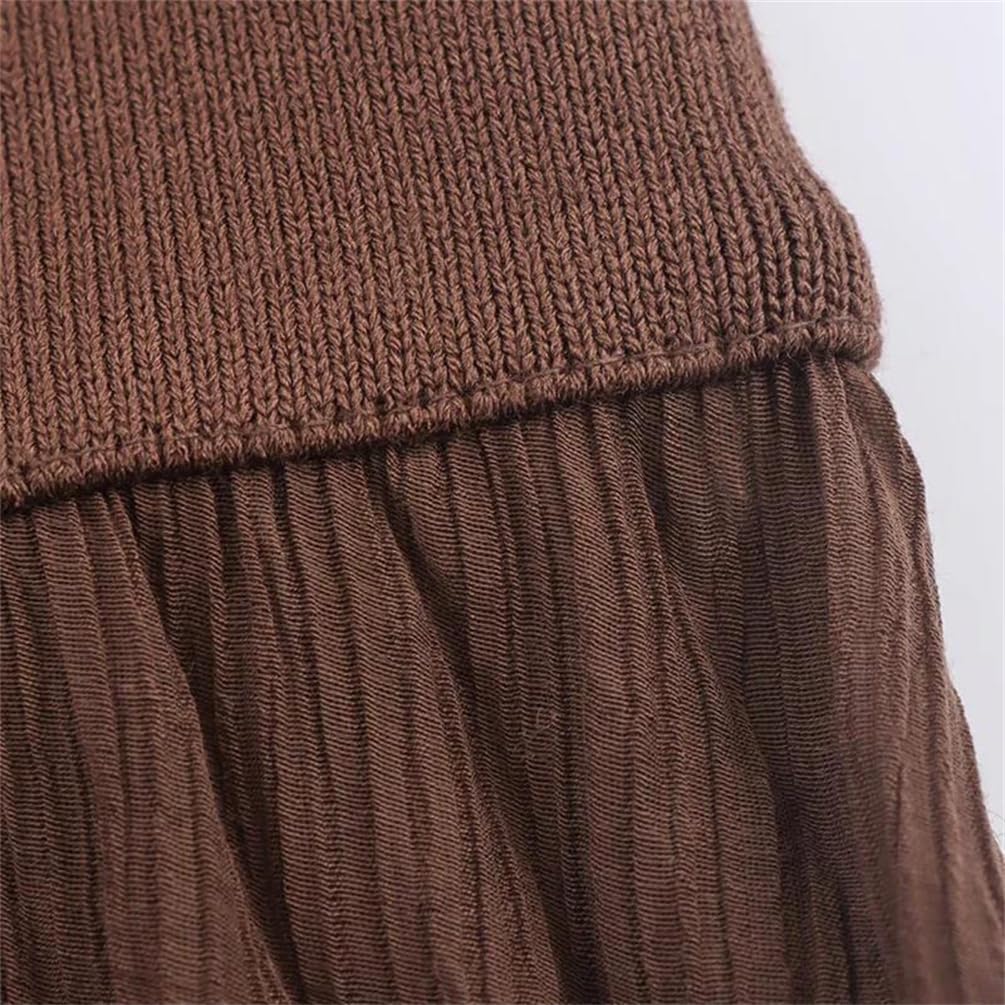 Women Solid Color O-Neck Sleeveless Knitted Patchwork Dress Pleated Splicing Party Casual Long Dress