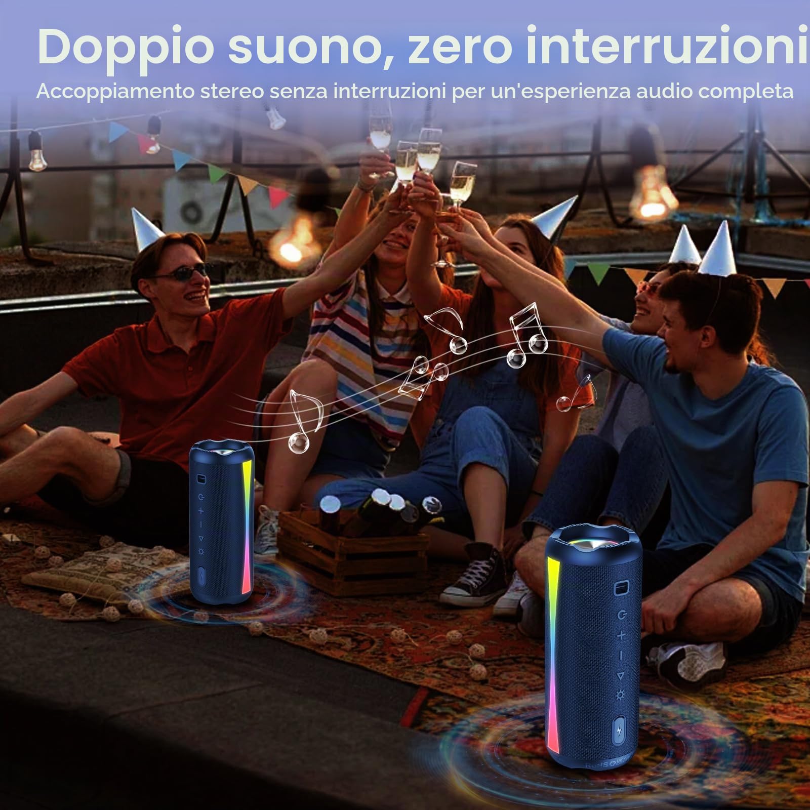 Cassa Bluetooth Portatile Potente 20W, Altoparlante Bluetooth 5.4 con HD Microfono, Luce RGB, Accoppiamento TWS, 20 Ore, Audio HiFi Stereo, IP7 Impermeabile Bluetooth Speaker per Outdoor, USB-C, Blu