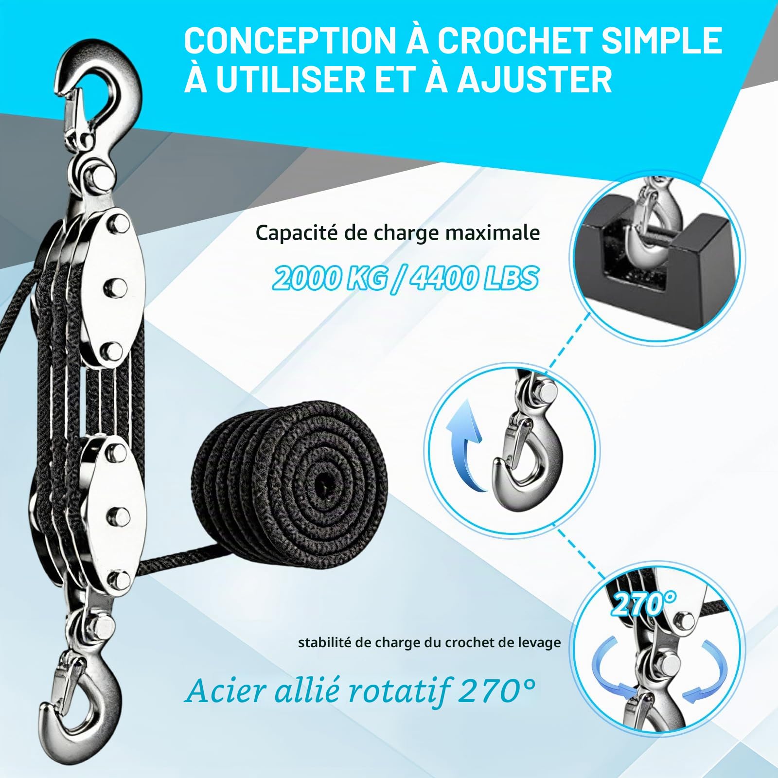Palan à Poulie à Corde, Palan Manuel 8:1, Rotatif à 270°, Poulie de Levage avec Corde de Nylon Résistant de 20m, Levage 2,5m Système de Poulie pour Soulever Objets Lourds, Chasse, Garages