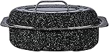 Granite Ware 13-inch oval roaster with Lid. Enameled steel design to accommodate up to 7 lb poultry/roast. Resists up to 932°F. Ideal for preparing meals for two! 13 inches Speckled Black