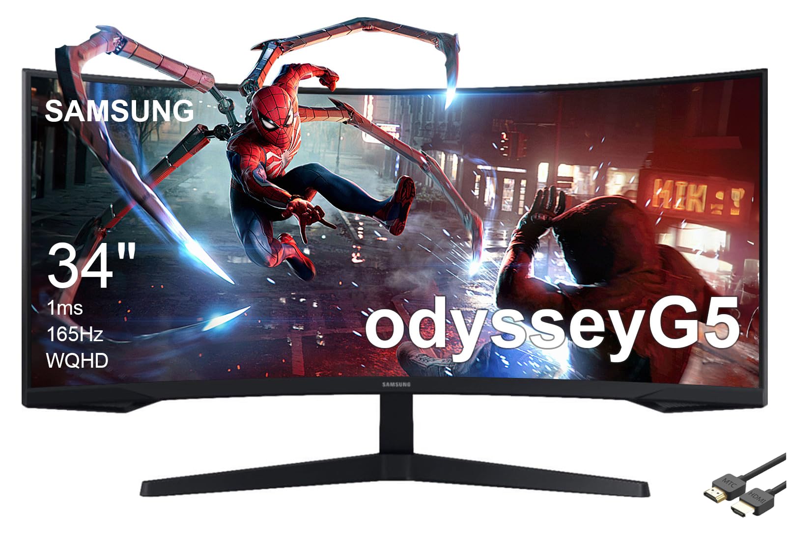SAMSUNG 34" Odyssey G5 Ultra-Wide Gaming Monitor, 1000R Curved, 165Hz Refresh Rate, 1ms Response Time, FreeSync Premium, WQHD, Black, with MTC HDMI Cable, LC34G55TWWNXZA