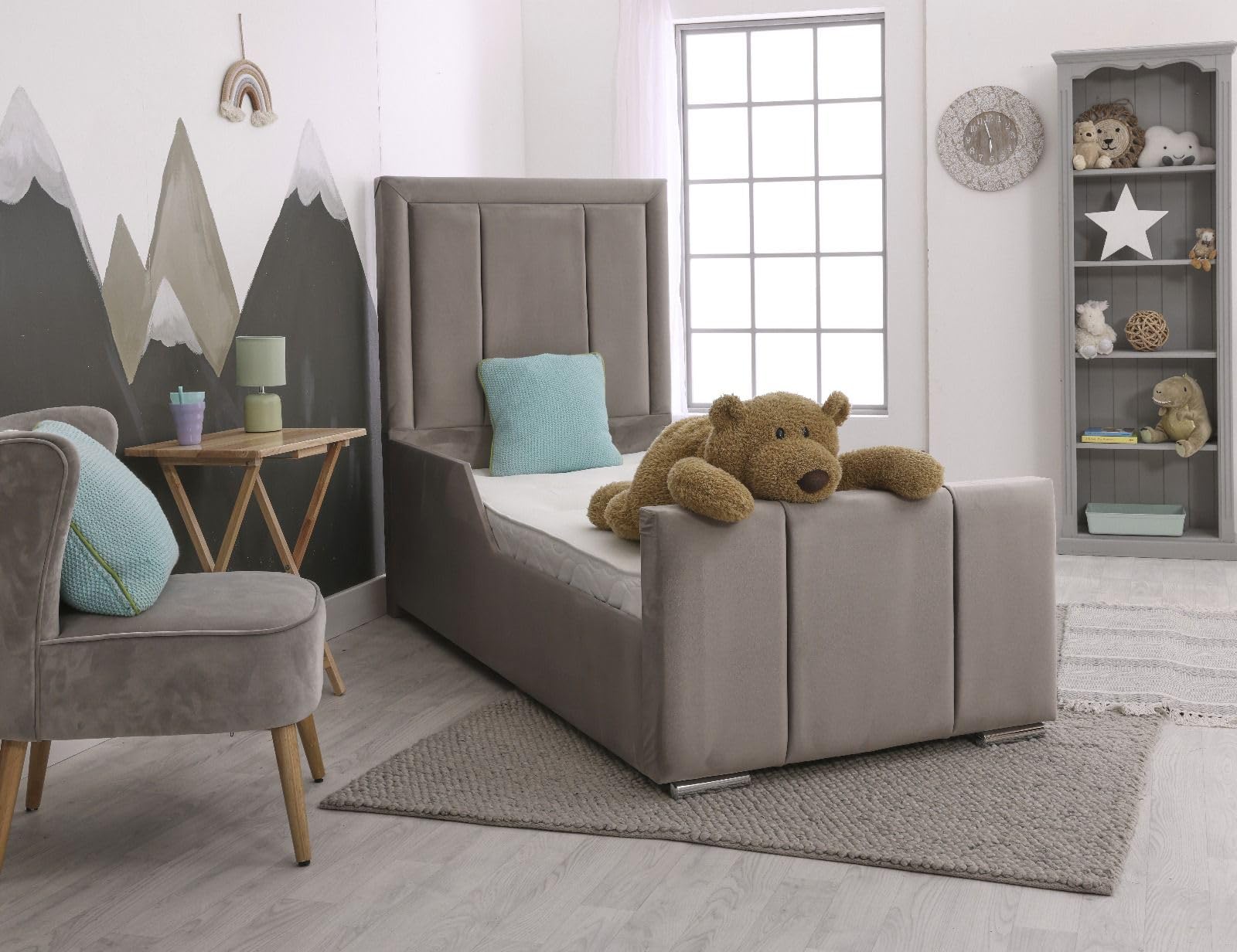 H&N FUTURE BEDS | Kids & Toddlers 3-Line Panel Bed – Plush Velvet Design for Boys & Girls (White Plush without Gaslift, 2FT6" Small SIngle without mattress)