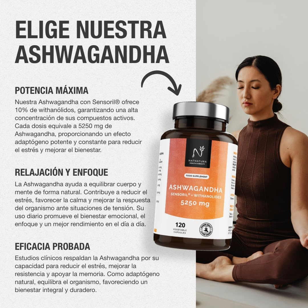 Ashwagandha Cápsulas Sensoril® 5:1 Superior a KSM-66 + Extracto 10:1 | 5250 mg/día | Resistencia muscular, equilibrio emocional, rendimiento físico y concentración | Vegano | 120 cápsulas vegetales.