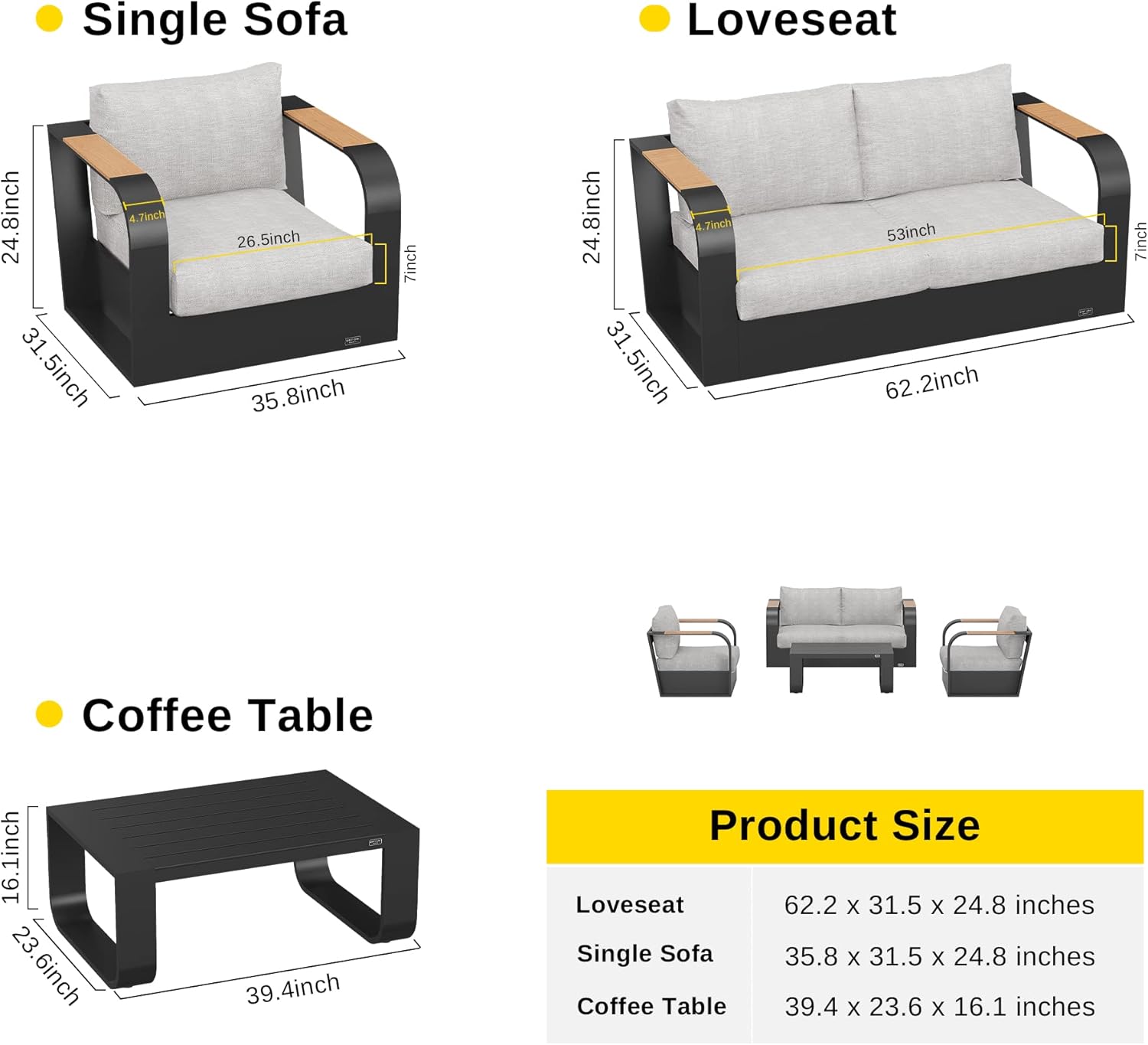 EAST OAK 4-Piece Patio Furniture Set, Modern Outdoor Conversation Set with Aluminum Frame, Deep Seating Loveseat & Coffee Table, All-Weather Patio Sofa Set for Porch, Balcony, Backyard - Dark Grey