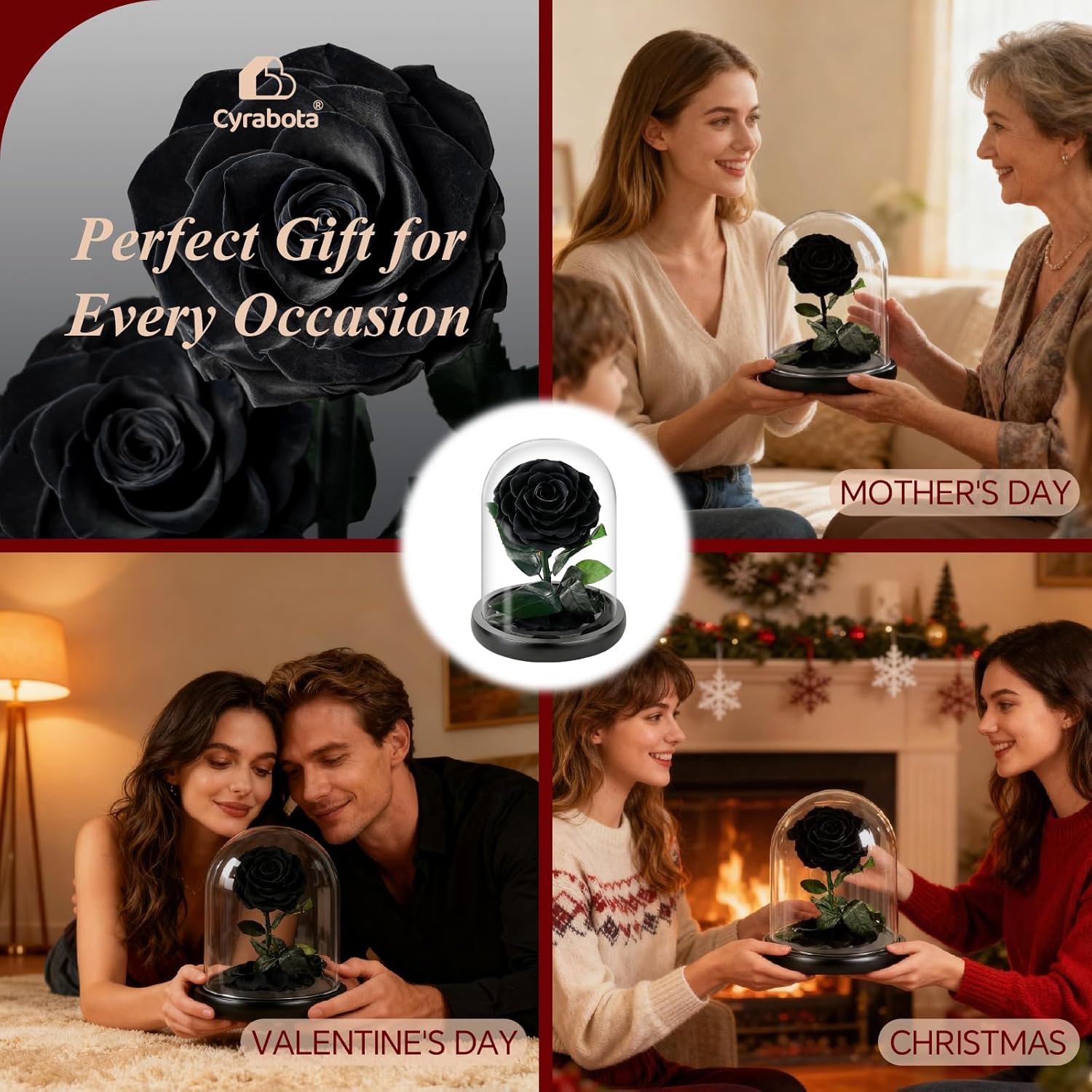Preserved Black Rose in Glass Dome, Medium Forever Rose Gift, Flowers for Delivery, Long Lasting Eternal Flower Rose Gifts for Women Mom Wife Girlfriend Grandma(Black)