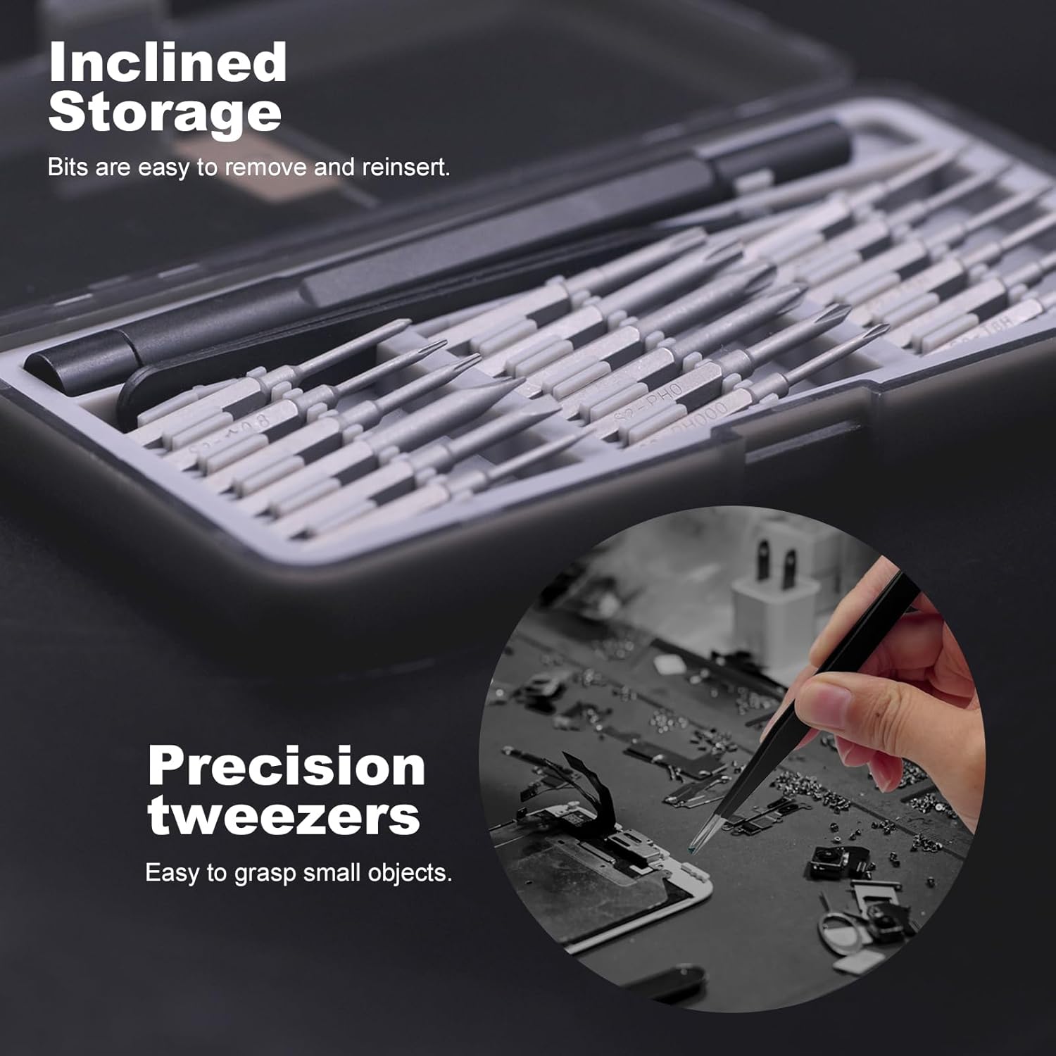 VCELINK Small Screwdriver Set with Long Bits, S2 Phillips, Flathead, Security Torx Bits, 20 in 1 Mini Screwdriver Kit with Tweezers Compatible with iPhone, MacBook, Watch, PS4, Laptop, Eyeglasses