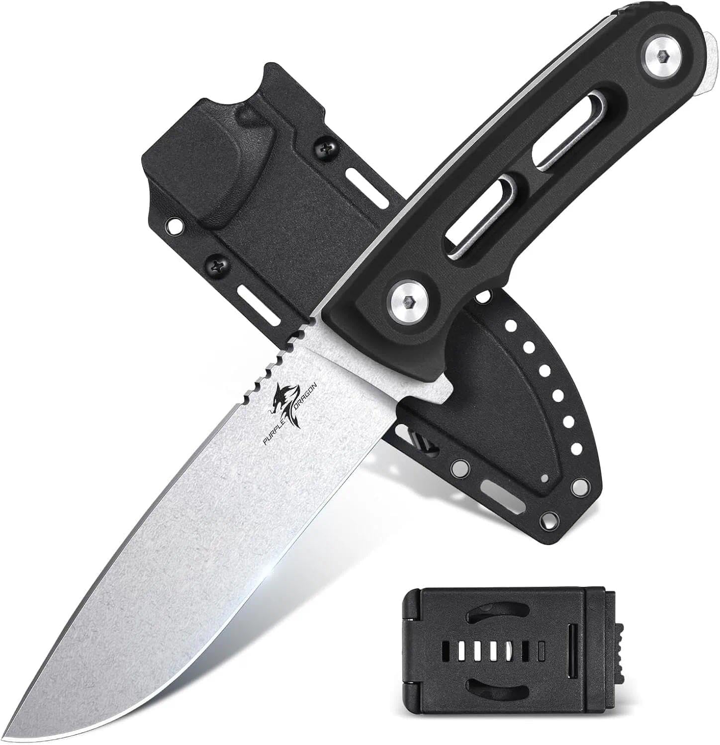 Purple Dragon Fixed Blade Knife with Kydex Sheath, D2 Steel Survival Knives, Black Camping Knife with Ergonomic G10 Handle, Outdoor Knives for Men and Women