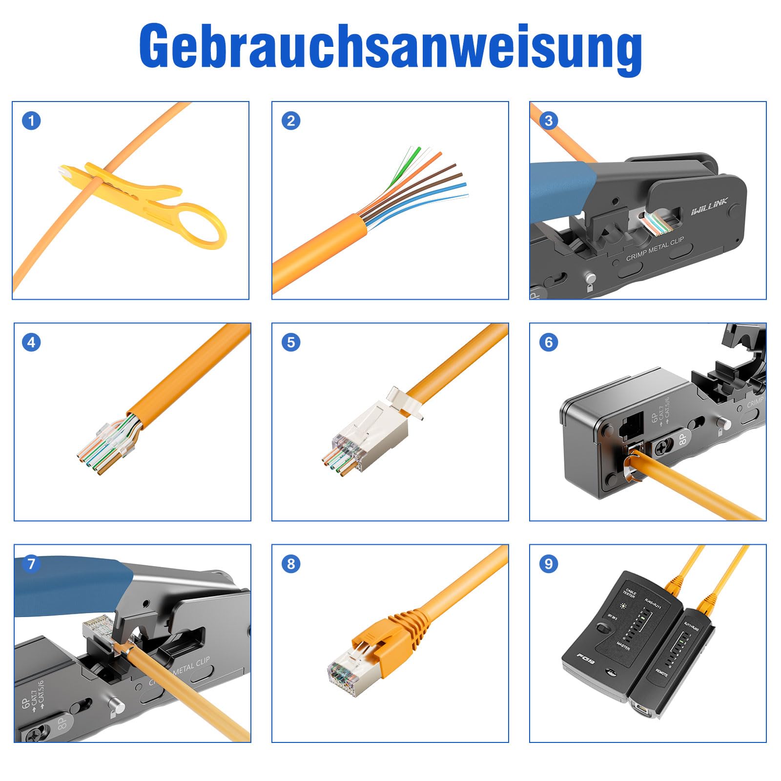 iwillink Netzwerk Werkzeug Set, RJ45 Crimpzange für Netzwerkstecker | Mit Crimpzange, Cat 7 Stecker, RJ45 Stecker Werkzeuglos, Keystone Modul, Auflegewerkzeug, Netzwerktester für RJ45/11/12 Kabel