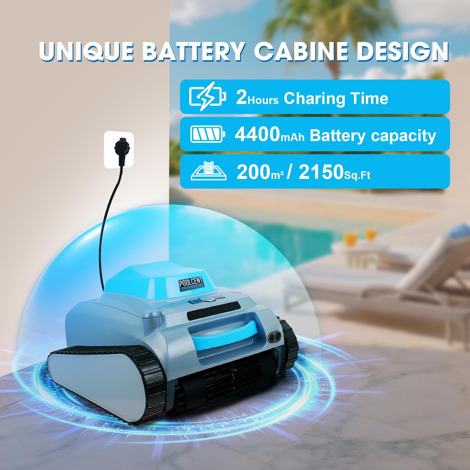 Limpiador de piscina robótico automático inalámbrico, filtro de 4 litros, 2 horas, aspiradora de piscina con función de escalada de pared, actualización de programa a través de Bluetooth, soporte de