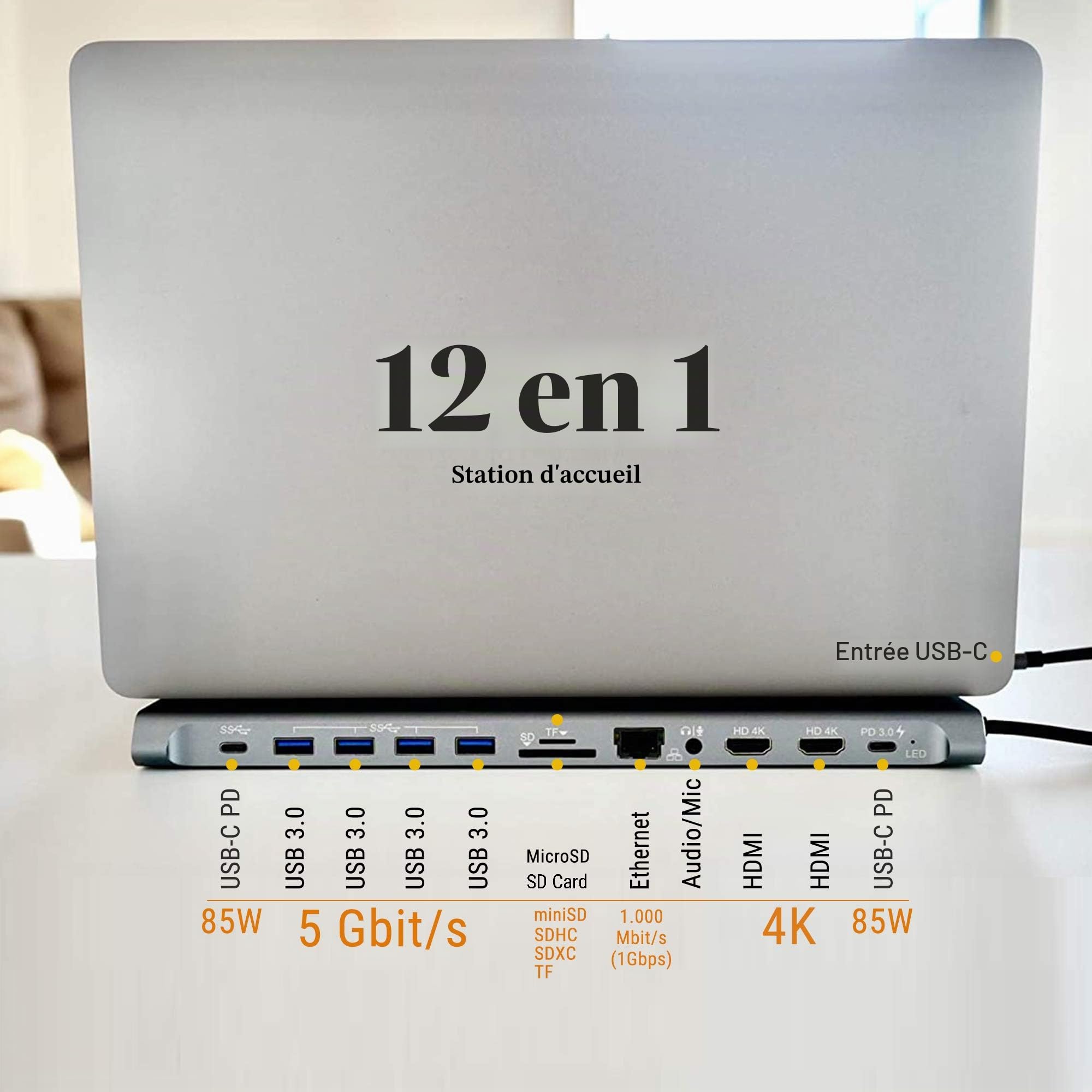 XtremeMac Adaptateur Hub USB-C 12 en 1 - Station d'accueil pour Apple MacBook Type C, Ethernet, 4X USB 3.0, 2X USB C PD, 2X 4K HDMI, Micro Audio, Lecteur Carte SD/TF
