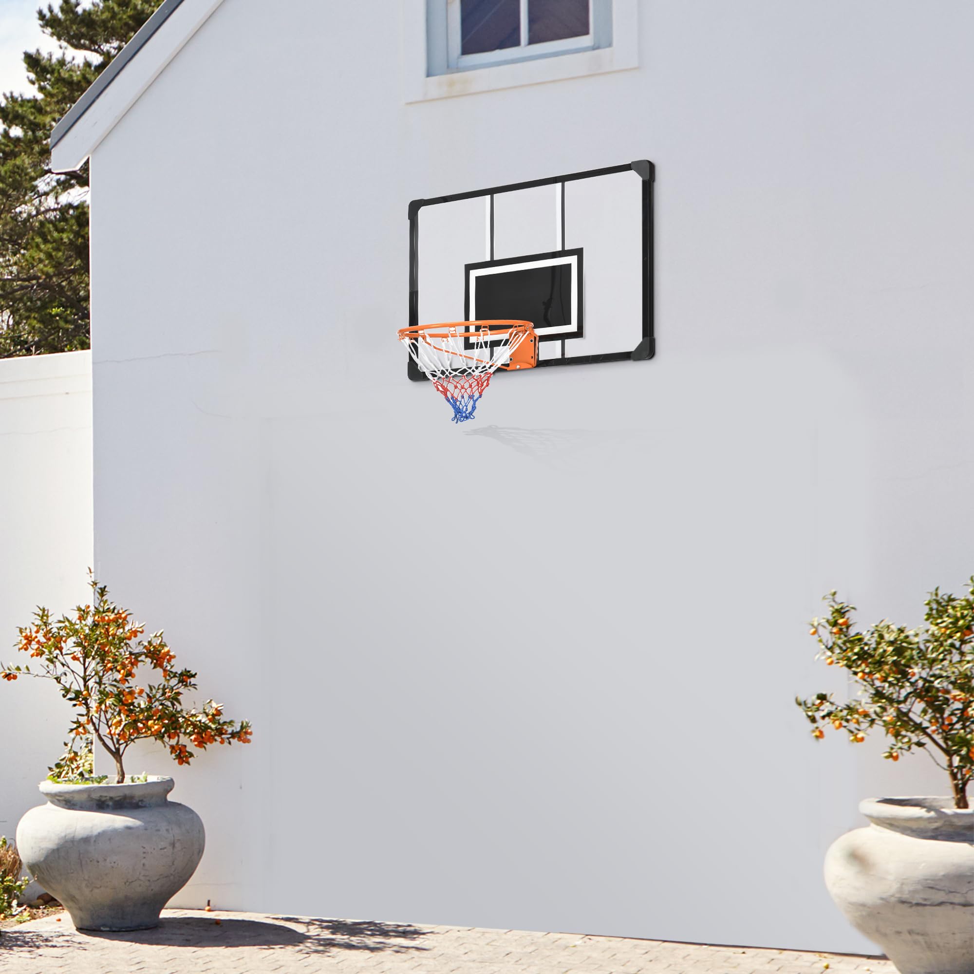 SPORTNOW Canestro da basket a muro, canestro da basket, con tabellone infrangibile, canestro in acciaio e rete antistrappo, vite di montaggio e chiave, per uso esterno, nero, trasparente, arancione