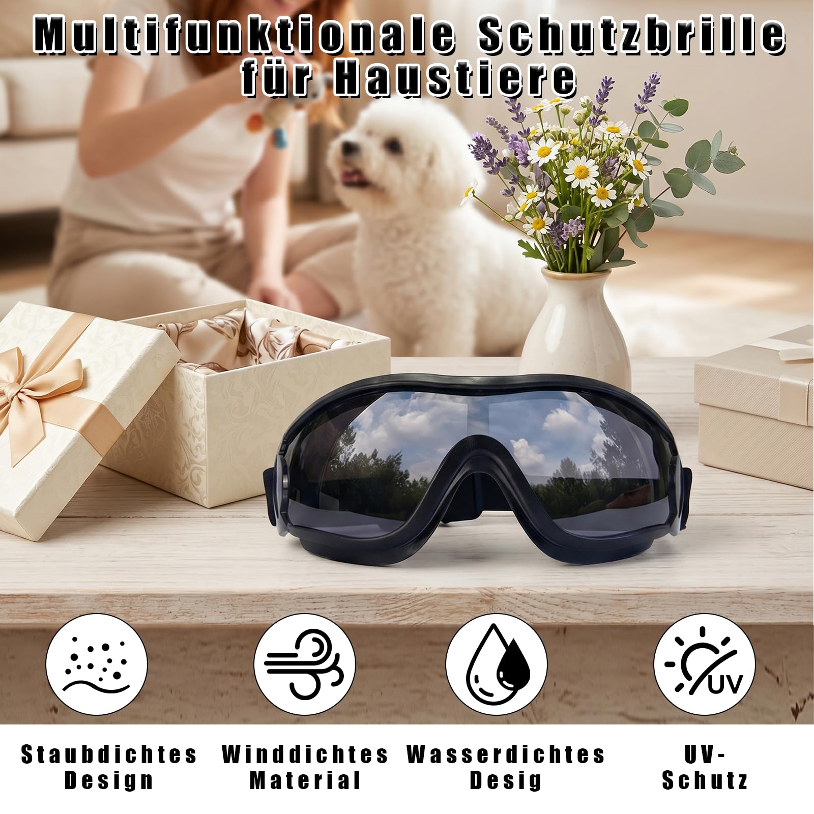 Okulary dla psów, pielęgnacja oczu, okulary dla małych psów, 1 sztuka, okulary ochronne dla zwierząt domowych, czarna oprawka, szara soczewka, na wędrówki, śnieg, jazdę samochodem, na wycieczkę