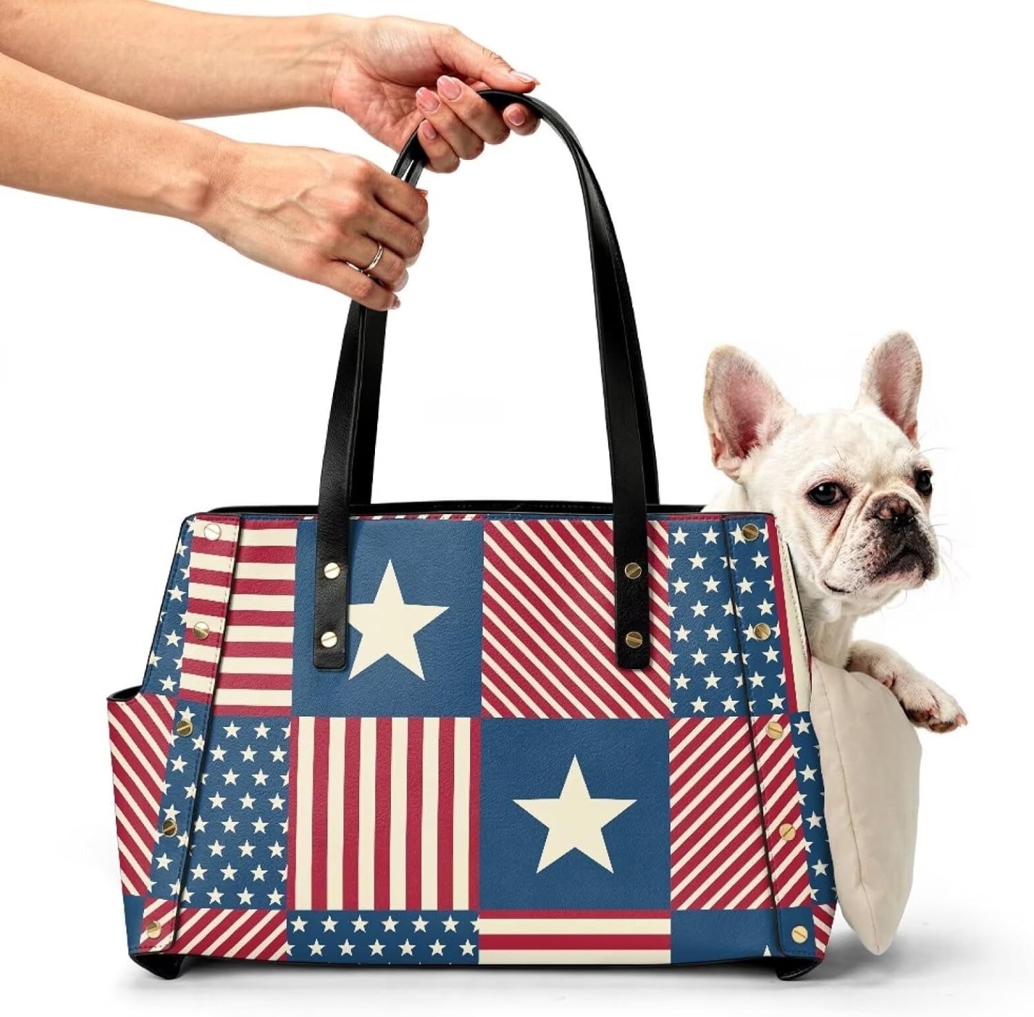 American Flag Dog Purse Carrier Soft Sided Lightweight Small Dog Carrier PU Leather Portable Pet Travel Carrier with Large Pockets Comfortable Dog Tote Bag