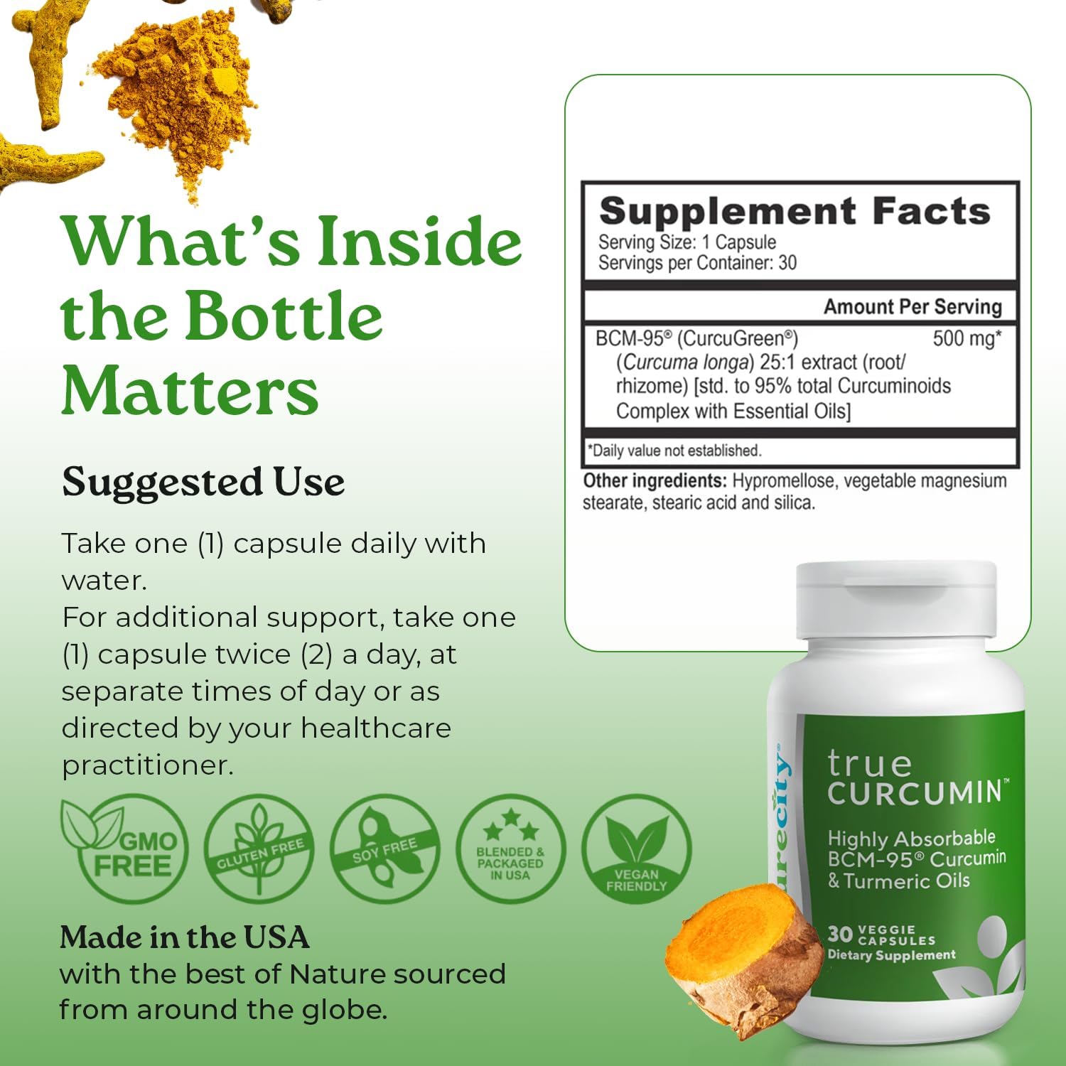 NatureCity True-Curcumin Turmeric Supplement | Non-GMO Tumeric and Curcumin 500mg Curcuma Capsules Vitamin Supplements | Up to 700% Increase in Absorption (30 Day Supply) | Supports Joints