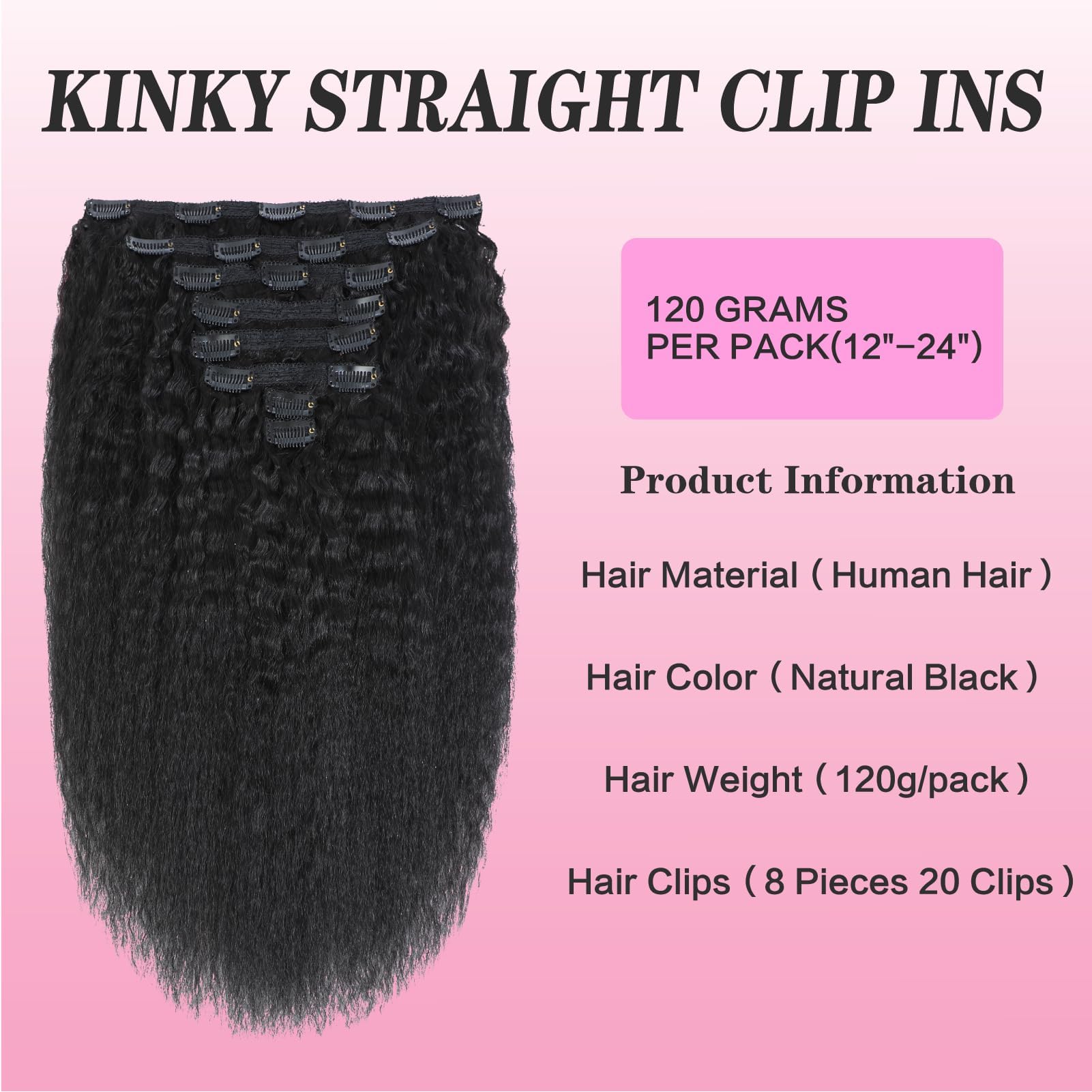 Yacurcur Kinky Straight Clip in Hair Extensions 8pcs 120g/set Full Head for Women Brazilian 10A Human Hair Straight Clip ins Natural Black Color (18 Inch) - Image 2