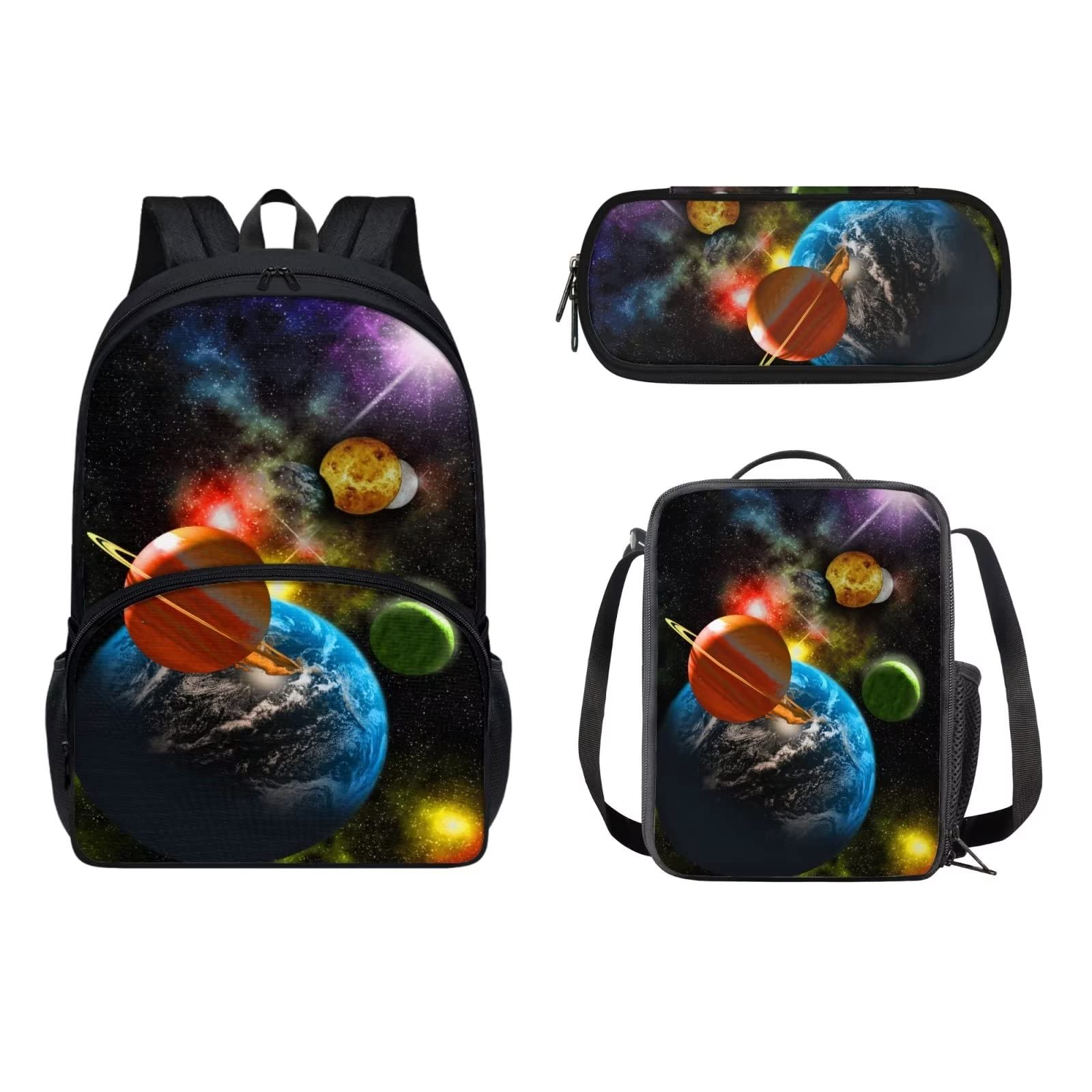POLERO Mochila escolar de caballos para niños, juego de bolsas de almuerzo, estuche para lápices, 3 piezas, bolsas escolares, Sistema Solar, Talla única, Mochila infantil