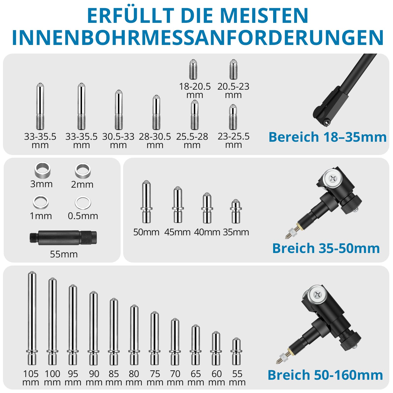 AUTOUTLET Digitales Bohrungsmessgerät Set 18–160mm, mit 23 Sonden & ABS-Box | 0,01mm Genauigkeit, MM/Zoll Anzeige, Robustes Aluminiumlegierung Innenmessgerät bis 150mm Tiefe, Zur Formabweichungsprüfung