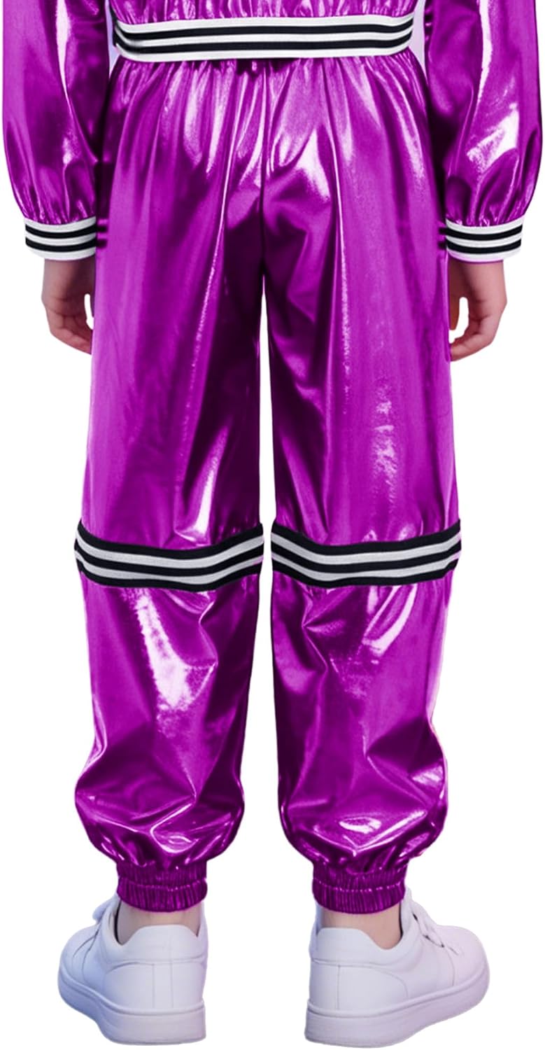 Aislor Kids Boys Girls Zip-Off Stripe Metallic Street Hip Hop Jazz Dance Pants with Pockets Performance Dancewear