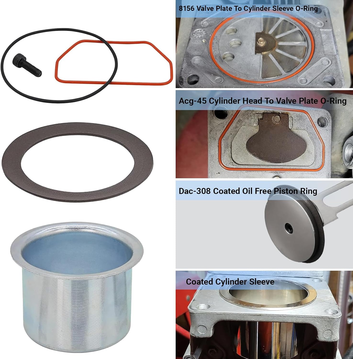 2-Pack K-0650 Air Compressor Cylinder Sleeve and Compression Ring Kit for Craftsman Porter Cable DeVilbiss Oil-Free Pumps –fits for Model 165080 Includes D25837 Coated Sleeve & DAC-308 Piston Ring