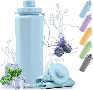 Faltbare Wasserflasche, 600ml Trinkflasche Faltbare Silikon, Auslaufsicher und Tragbar, Bpa-Frei, Trinkflasche Laufen, Geeignet fur Camping, Outdoor-Sport, Reisen, Pendeln (Blau)