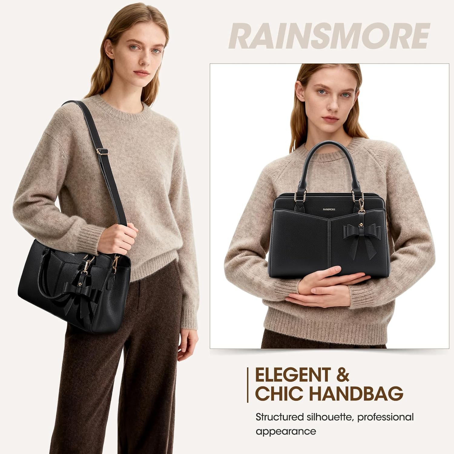 RAINSMORE Purses for Women Satchel Purse, PU Leather Structured Work Handbag with Bowknot and Shoulder Strap, Fits 11'' iPad