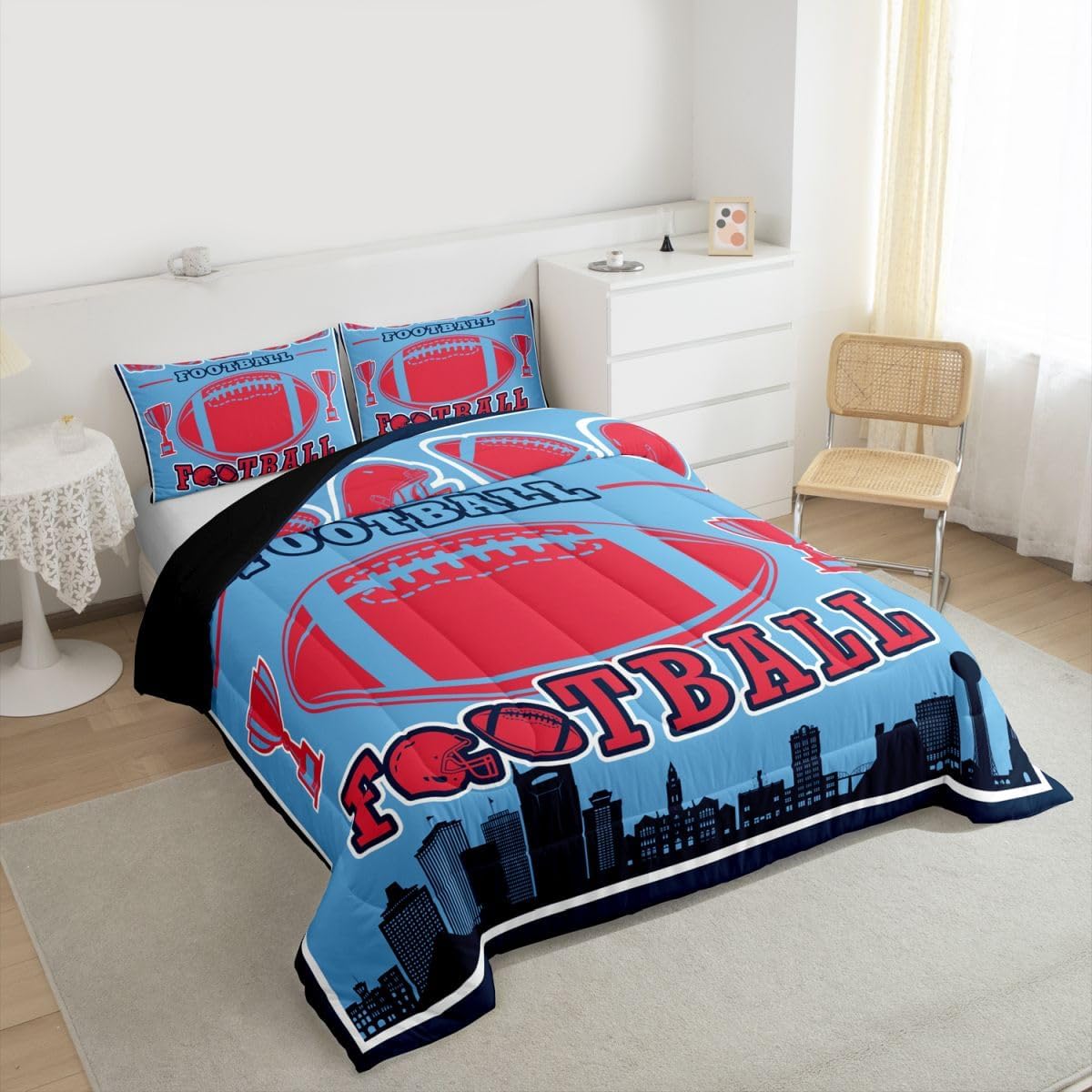 Erosebridal Football Comforter Set Toddler Size,Red Blue Football City Bedding for Sports Fans,Boys Rugby Quilt with 1 Pillow Case Bedroom Decor,Ball Competition Duvet Insert(Red Blue Black)