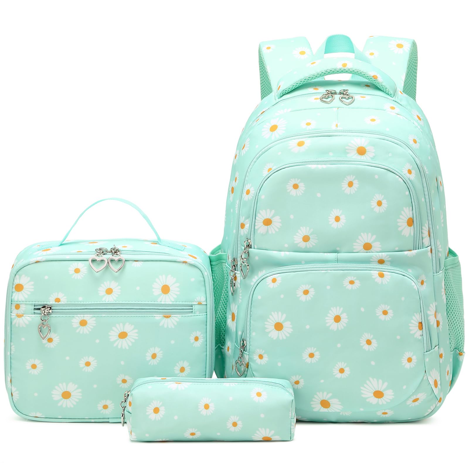 Joyfulife Daisy Printed Backpack for Girls Backpack with Lunch Box Kids Backpack for School Lightweight Water Resistant Primary School Bags Elementary Bookbags Set