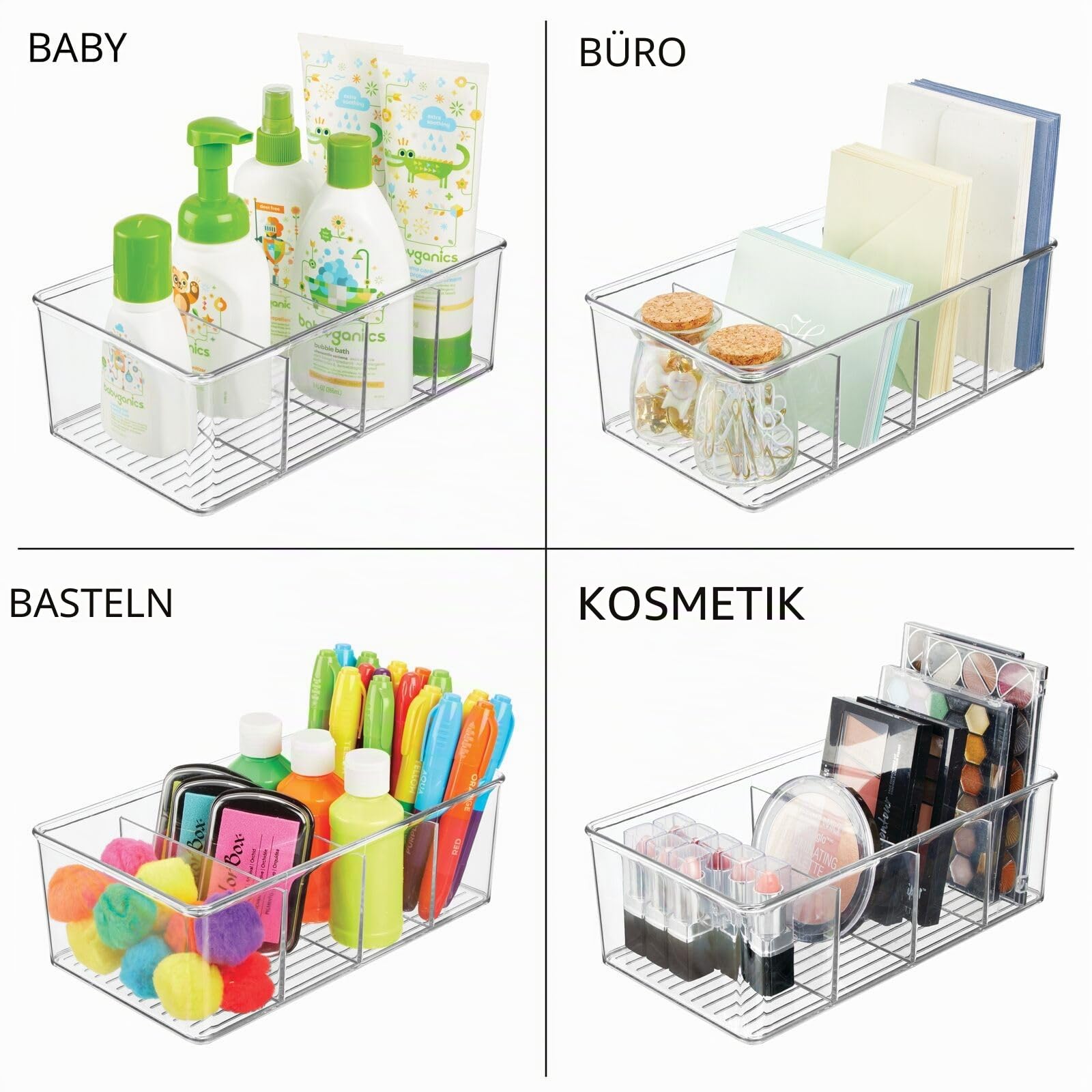 mDesign Stapelbare Aufbewahrungsbox (2er Set) - praktischer Aufbewahrungskorb aus Kunststoff mit 4 Fächern - moderne Küchenaufbewahrung für Suppen, Gewürze, etc. - transparent