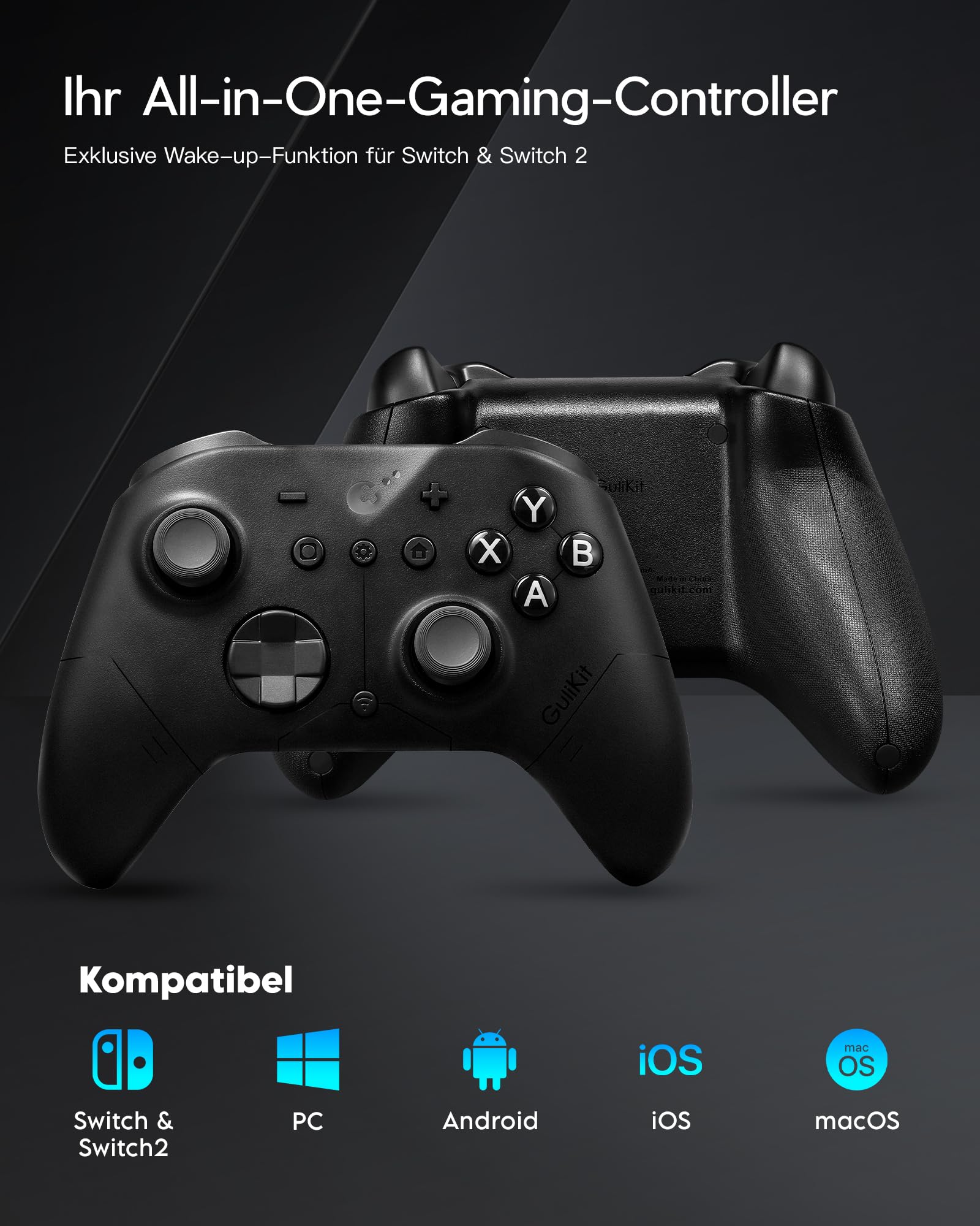 GuliKit ES Pro Wireless Controller für PC, Windows, Android, iOS, Switch 1/2, 3,25 ms Latenz, 30 Stunden Akkulaufzeit, Schwarz