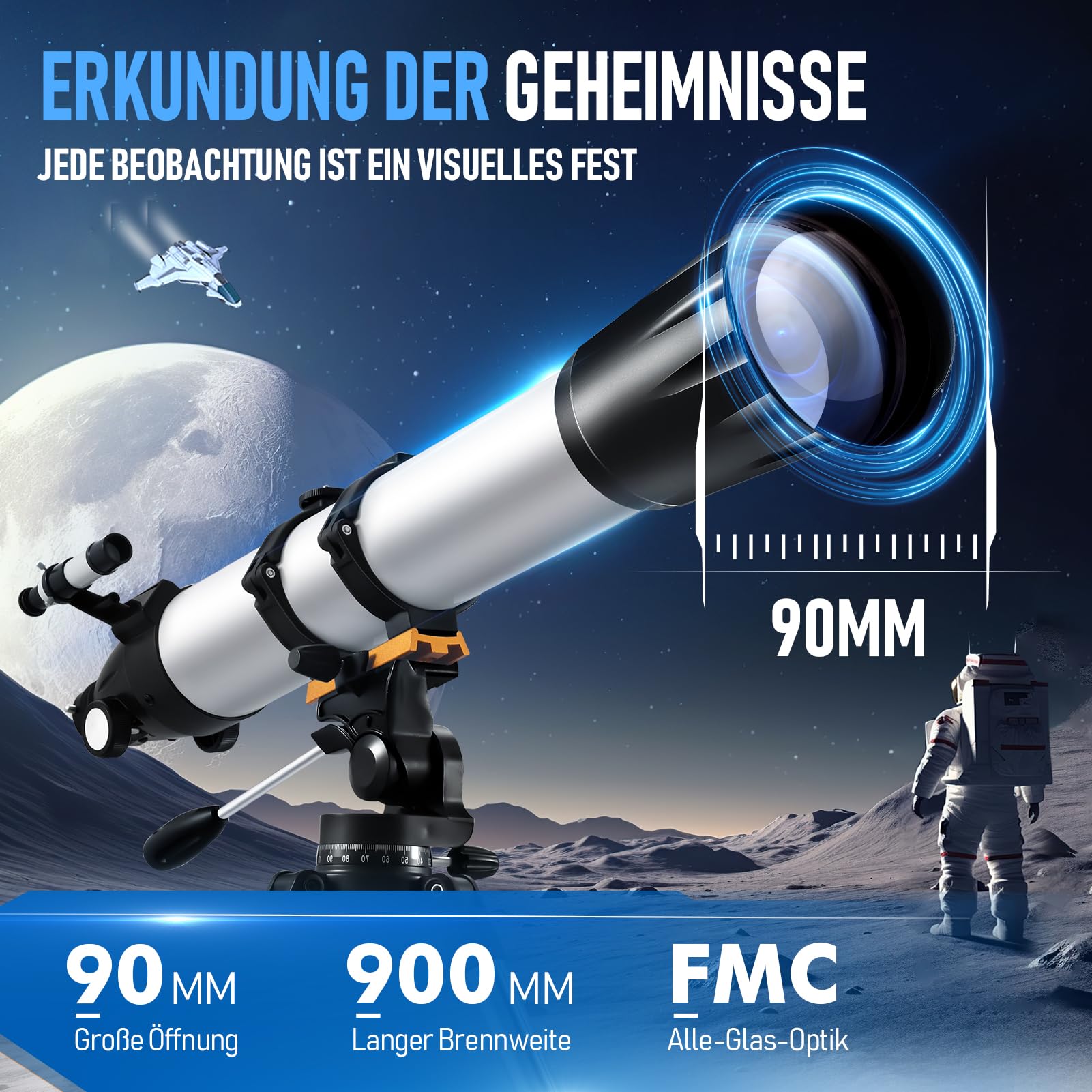 Telescopio astronómico para adultos, apertura de 90 mm, 900 mm, con visor de telescopio, para principiantes y niños, trípode astronómico