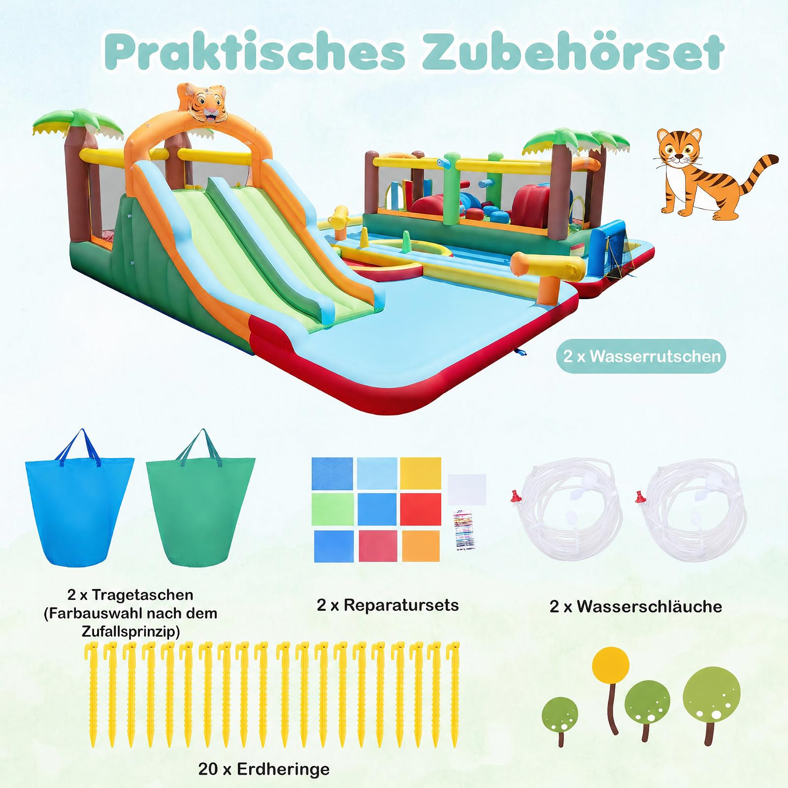 COSTWAY Hüpfburg XXL, Wasserpark, einzeln oder kombiniert verwenden | Bouncy Castle mit 2 Rutschen, Sprungbereich, Kletterwand, Ringwurfspiel, Planschbecken & 2 Wasserpistolen