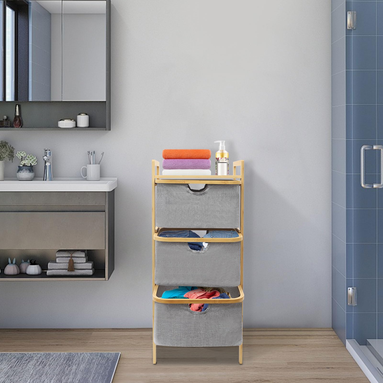 Étagère en bambou - Panier à linge à 3 compartiments - Panier à linge vertical - 44 x 33 x 96 cm - Organiseur de linge avec paniers à linge - Pour salle de bain et chambre à coucher