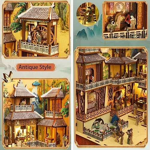 Miniatura 61 de Rompecabezas de madera 3D con caja de música de luz sensor, kit de montaje de rincón de libros en miniatura, kit de montaje de rincón de libros