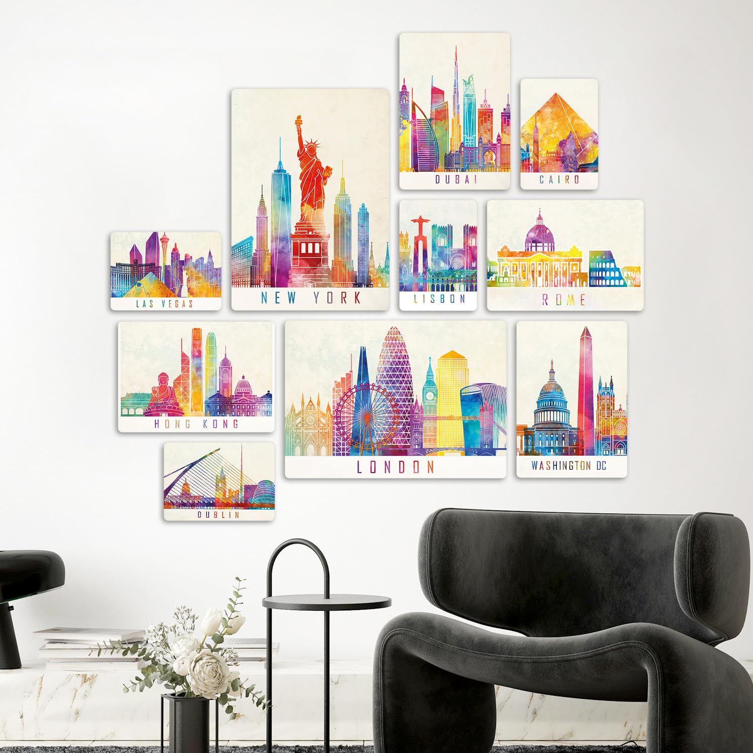 Giallobus Ensemble de 10 peintures multi-panneaux Ville colorée Bois MDF 2x42x29,7cm 4x29,7x21cm 4x21x14,85cm