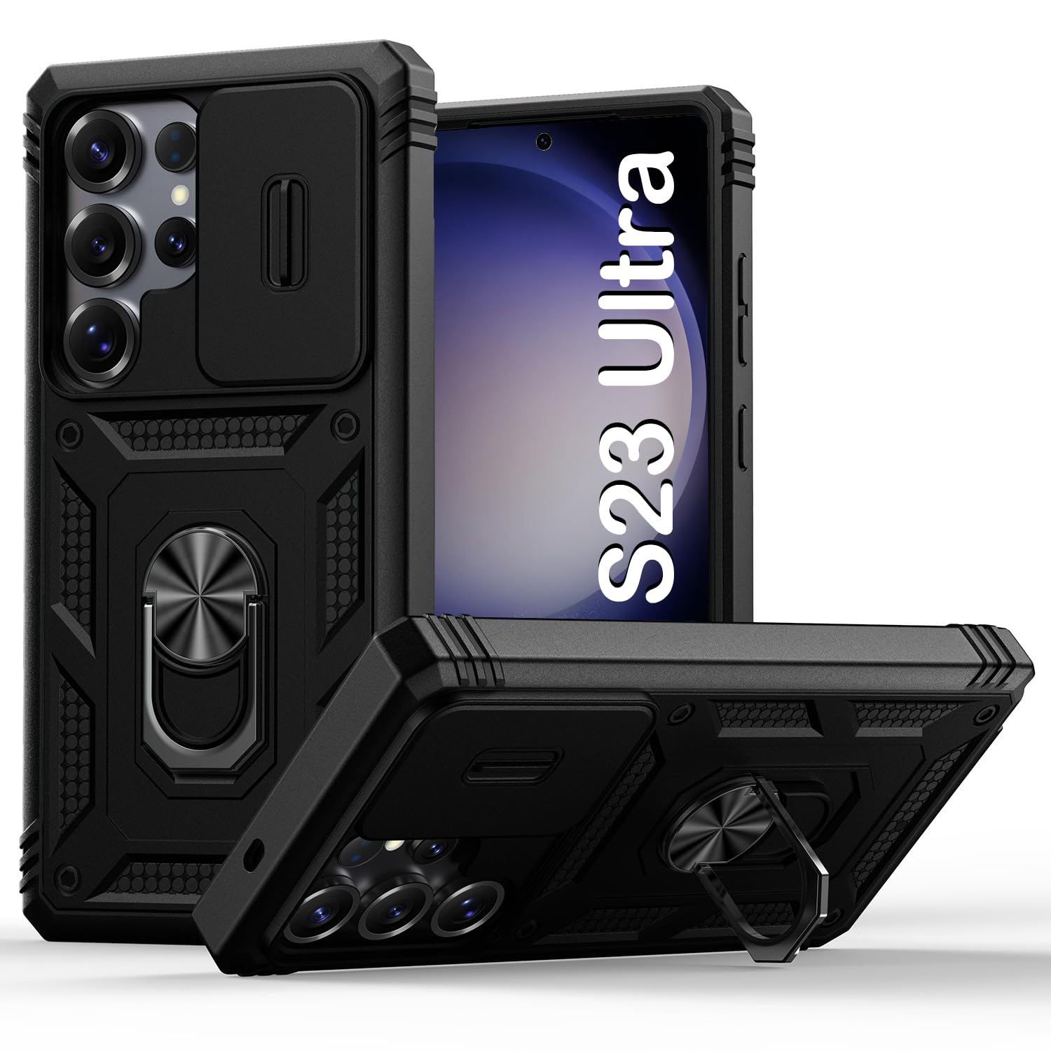 PASNEW Military Case for Samsung Galaxy S23 Ultra,360° Metal Ring Kickstand & Camera Slide Cover,Multi-Layer Heavy Duty Rugged Shockproof for Hard