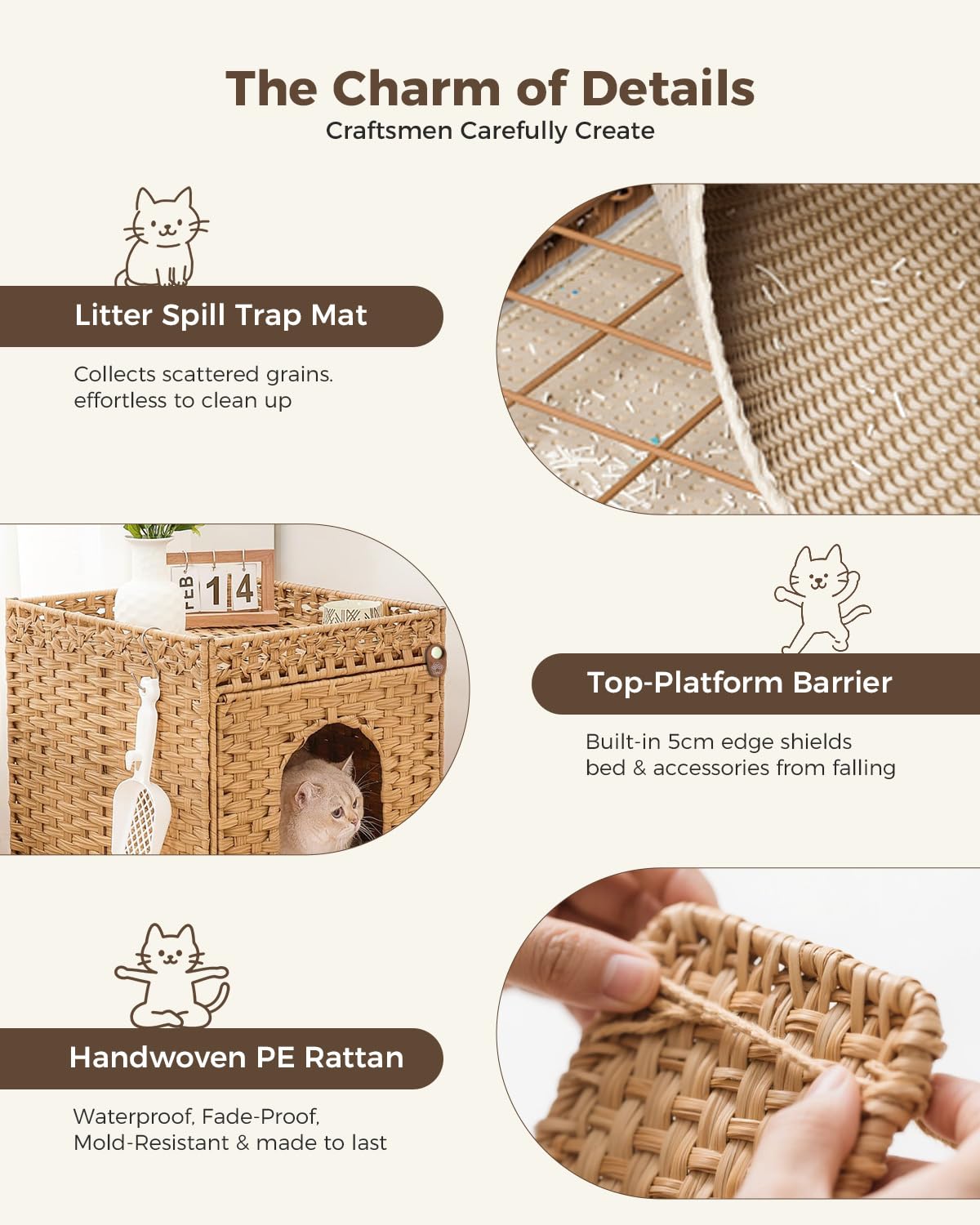 Mueble arenero Gatos Casa para Gatos, Muebles Ocultos con Patas de Metal elevadas, casa de ratán Trenzado a Mano con 2 Alfombra arenero Gato, 52 x 47 x 57 cm, Color Natural