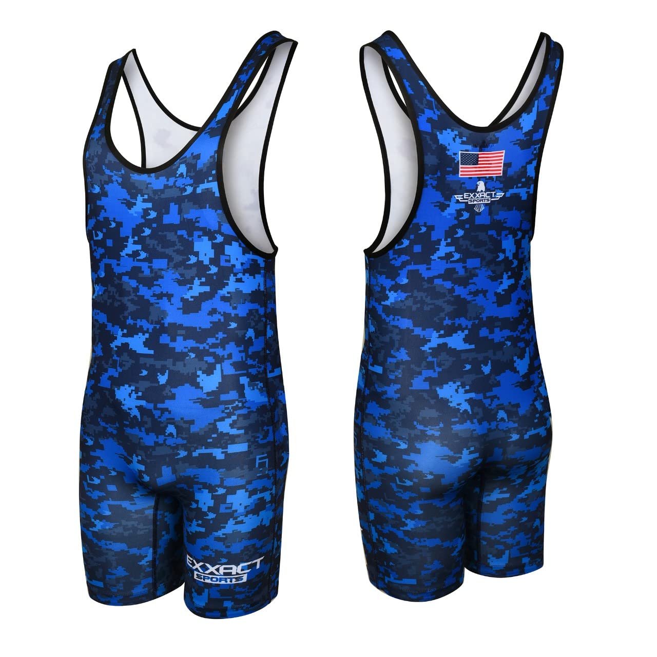 Digital Camouflage Wrestling Singlet for MMA, Weight Lifting, Powerlifting (Youth & Adult), Blue Camo, Adult Large