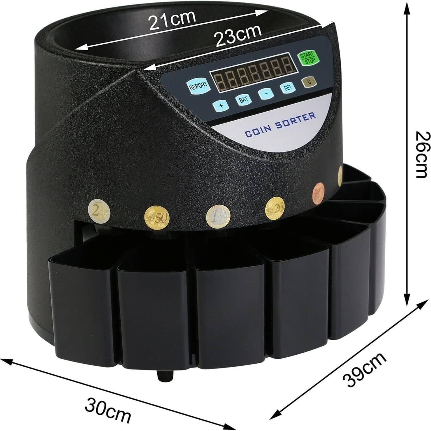 Conta Monete, Macchina Contamonete Elettronica Automatica, 300-500 Monete/Min Batch Counting Coin Counter Sorter per Scuola, Negozio, Banca, Commerciale,Black