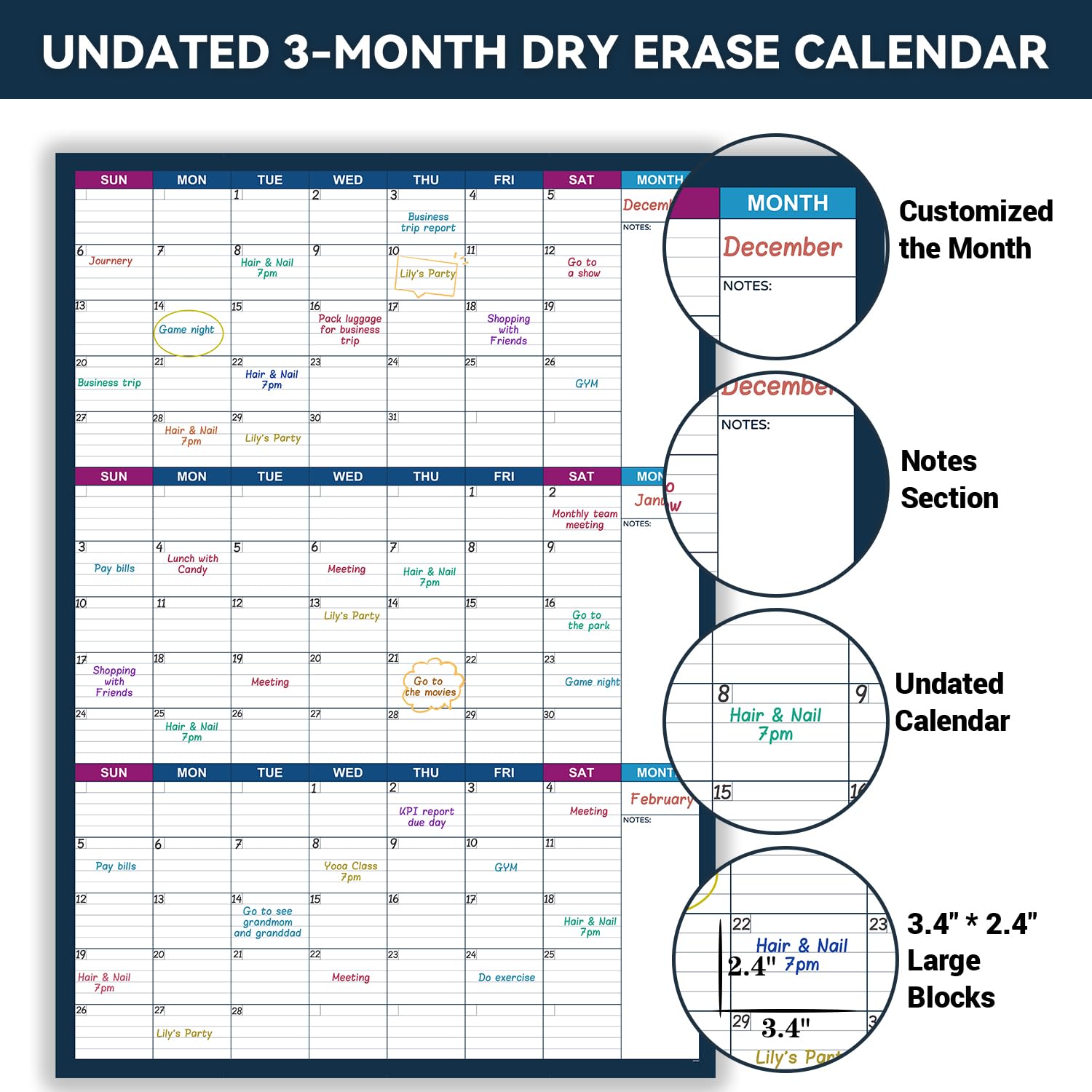 Calendario grande de borrado en seco para pared, calendario anual de pared de borrado en seco